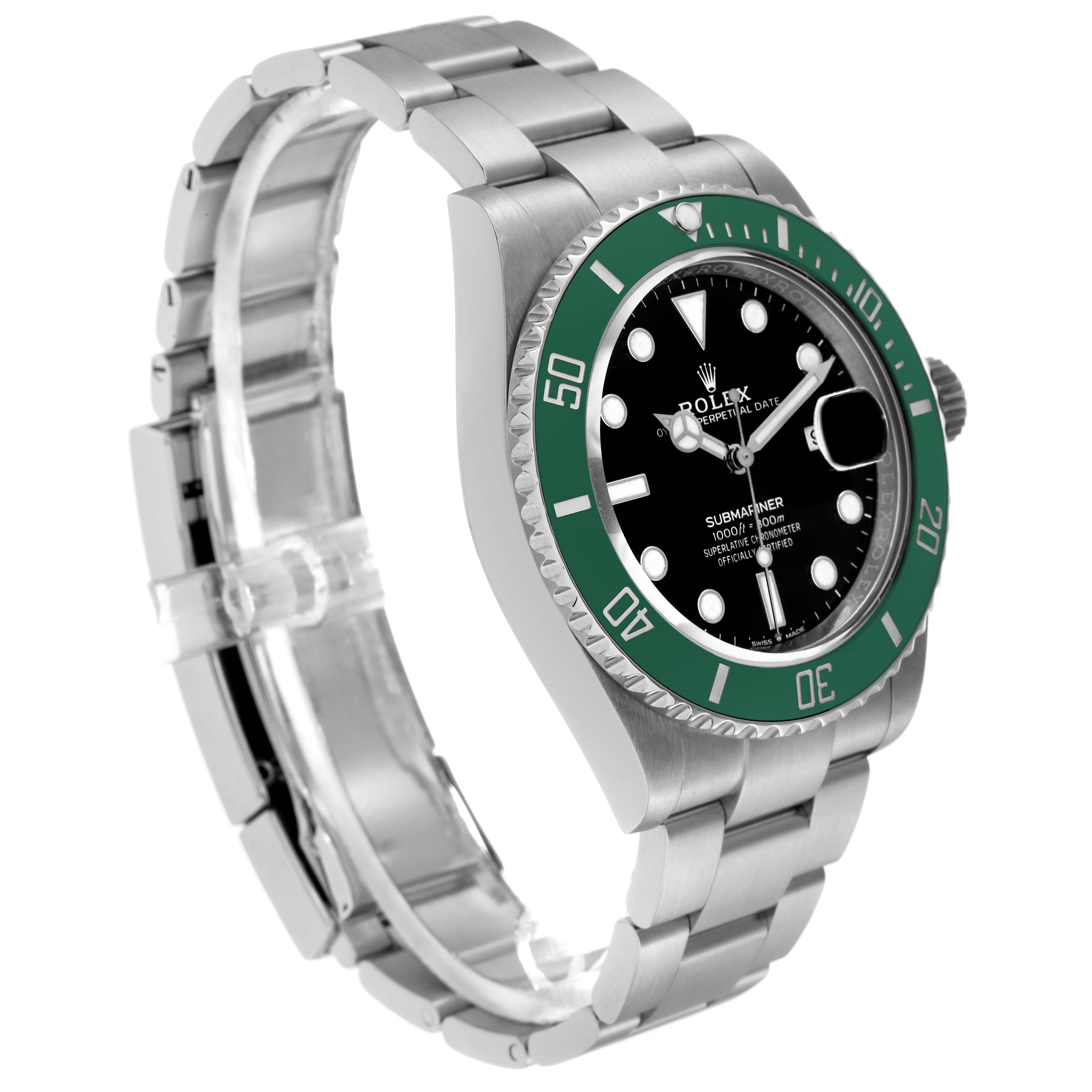 The Rolex Submariner 126610 Men's Stainless Steel Black Dial 126610 Men's Stainless Steel Black Dial is shown at a three-quarter angle, highlighting the green bezel, black dial, and stainless steel bracelet.