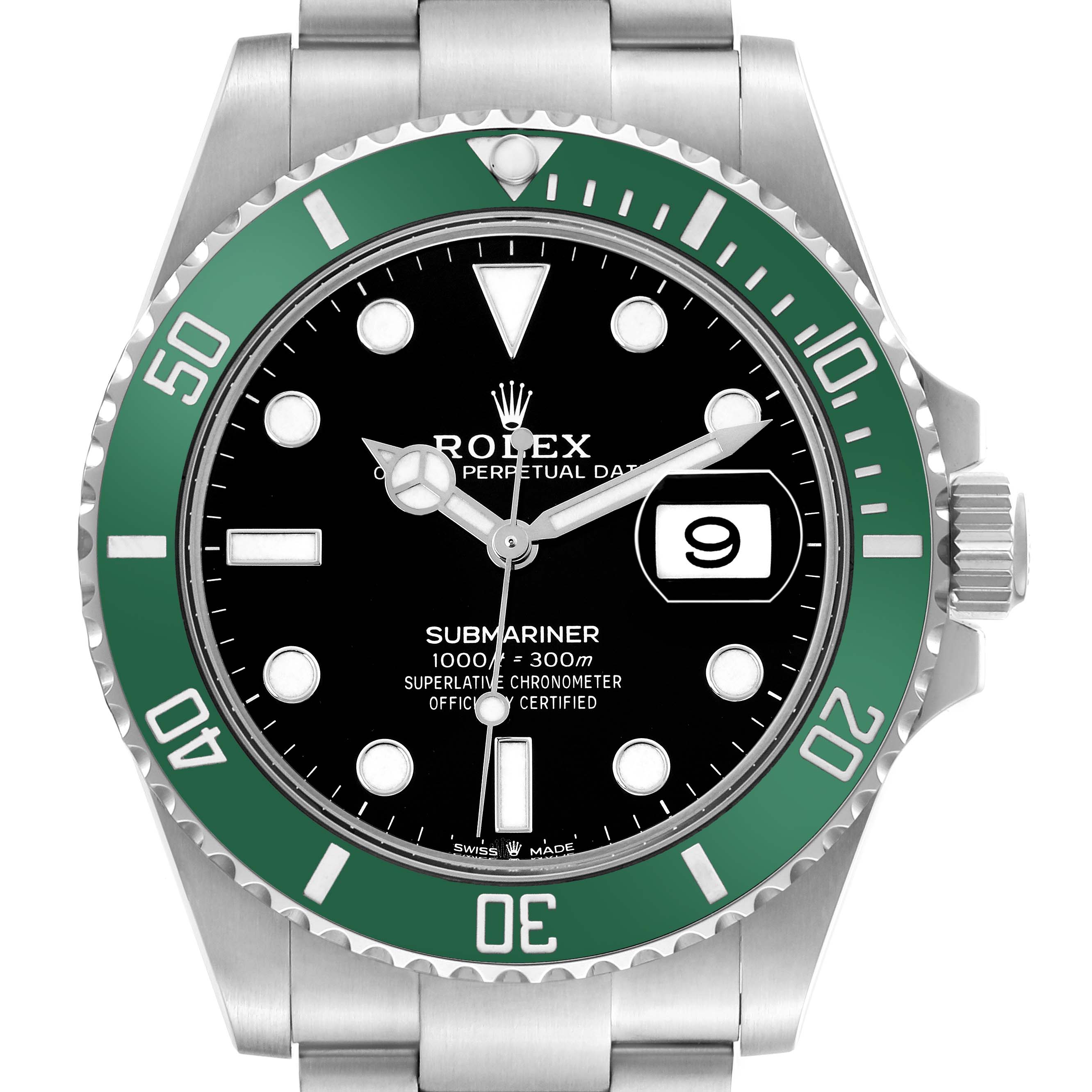 The image shows a front view of the Rolex Submariner 126610 Men's Stainless Steel Black Dial 126610 Men's Stainless Steel Black Dial watch, highlighting the green bezel, black dial, and date window.