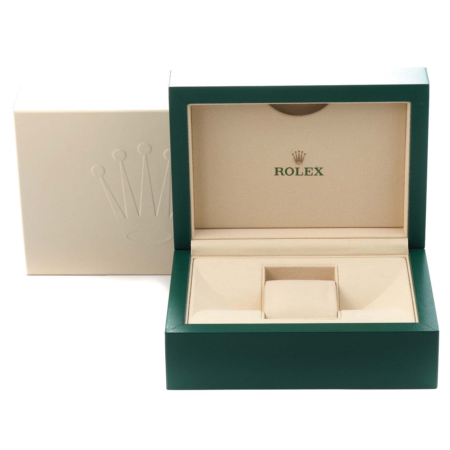 The image shows an open Rolex Submariner 126610 Men's Stainless Steel Black Dial 126610 Men's Stainless Steel Black Dial watch box with its green exterior and beige interior.