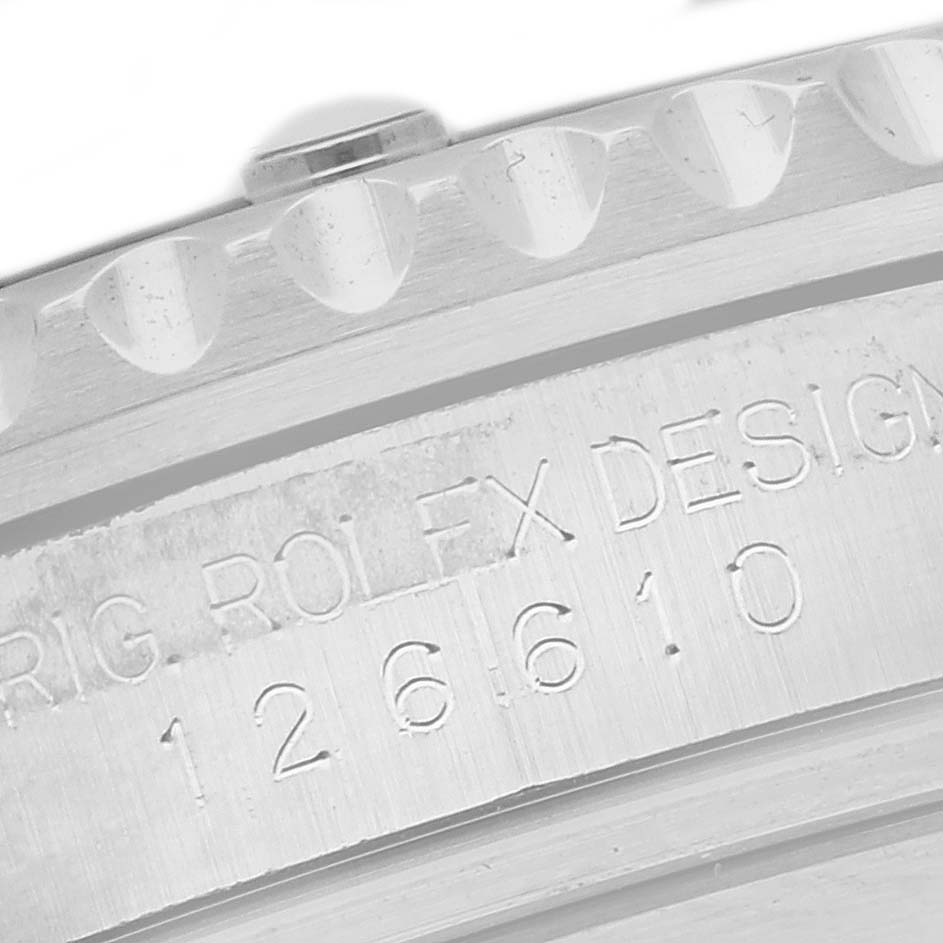 This image shows a close-up of the bezel and case side of the Rolex Submariner 126610 Men's Stainless Steel Black Dial 126610 Men's Stainless Steel Black Dial, featuring the design number engraving.