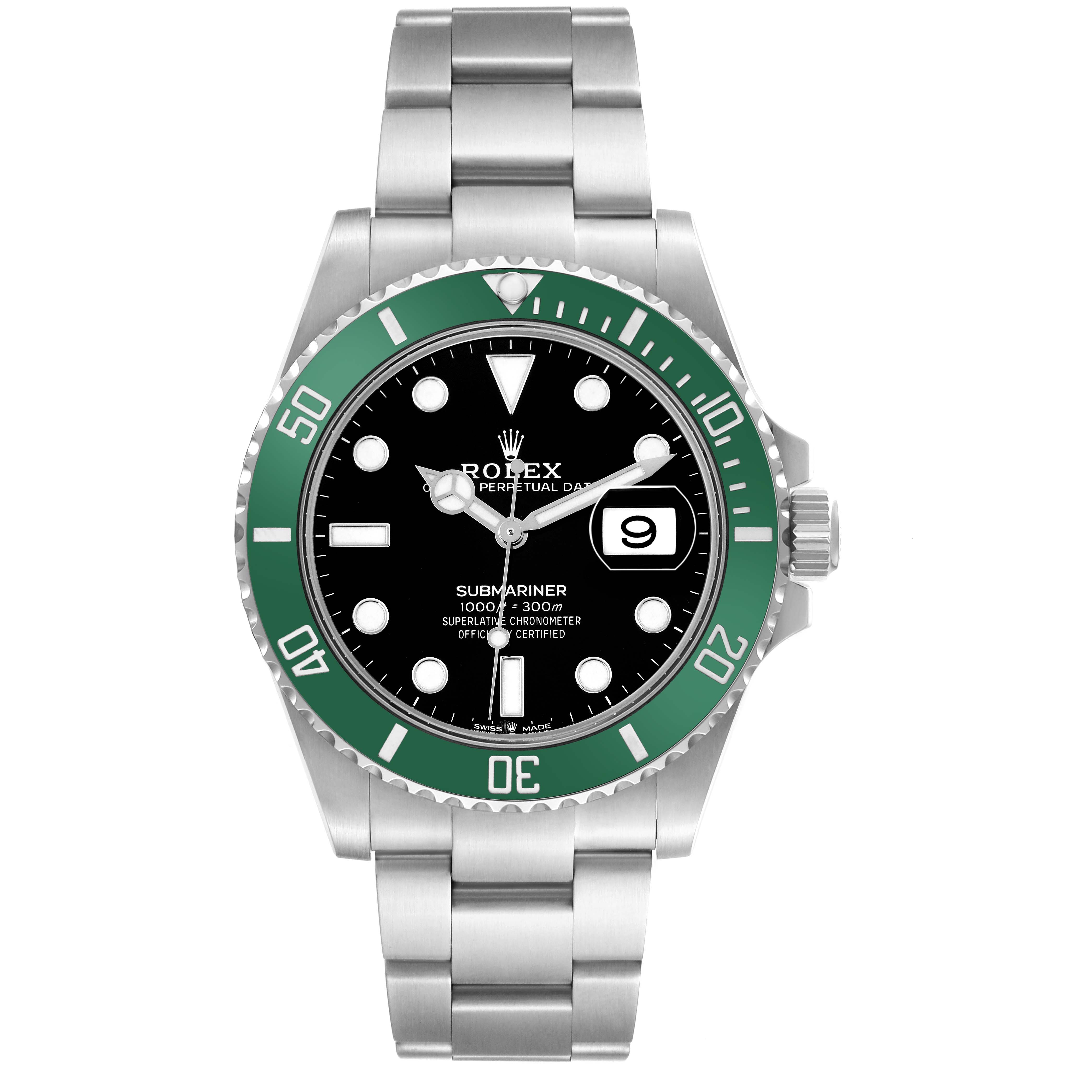 The Rolex Submariner 126610 Men's Stainless Steel Black Dial 126610 Men's Stainless Steel Black Dial is shown from a front angle, displaying its green bezel, black dial, and Oyster bracelet.
