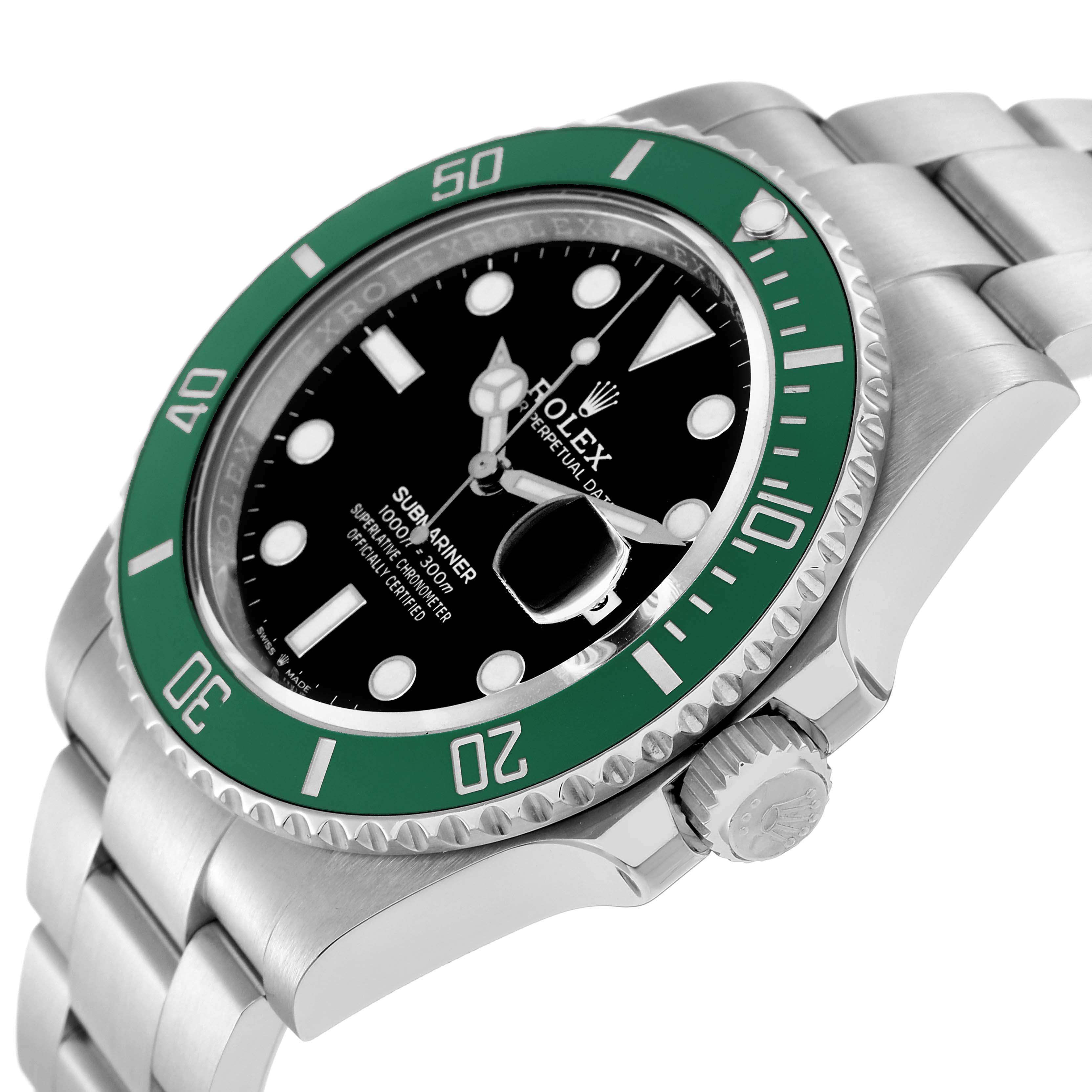 The image shows a side angle of a Rolex Submariner 126610 Men's Stainless Steel Black Dial 126610 Men's Stainless Steel Black Dial watch, highlighting the green bezel, black dial, crown, and bracelet.