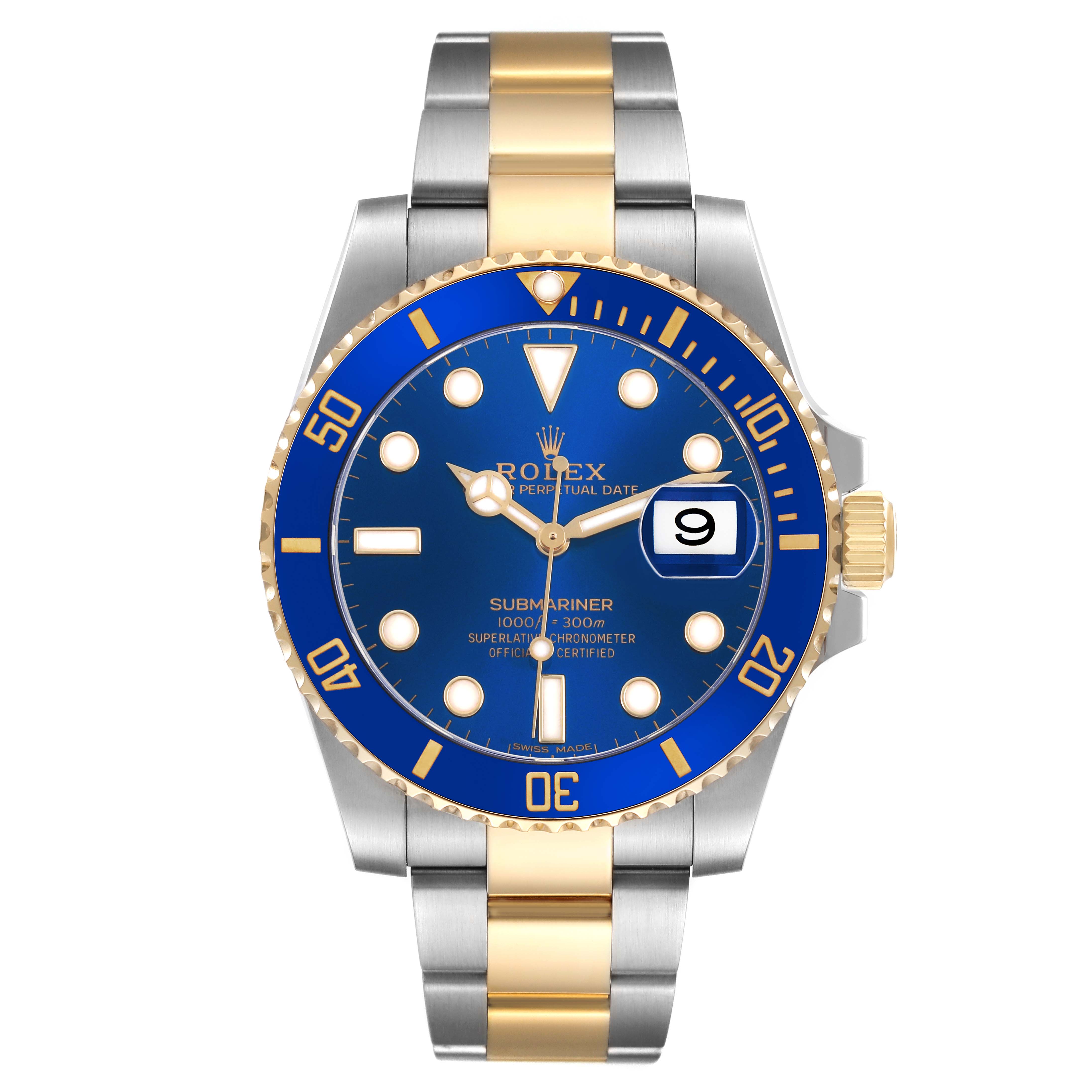 The Rolex Submariner 116613 Men's Steel and Gold (two tone) Blue Dial watch is shown from the front, displaying its blue dial, date, and two-tone band.
