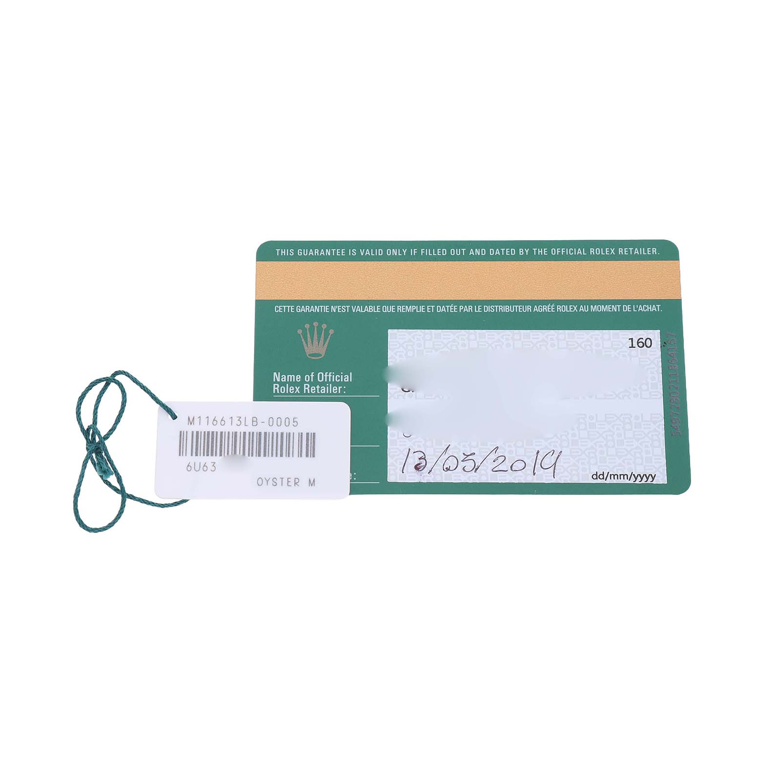 This image shows the warranty card and tag for a Rolex Submariner 116613 Men's Steel and Gold (two tone) Blue Dial, displaying model details and purchase date.