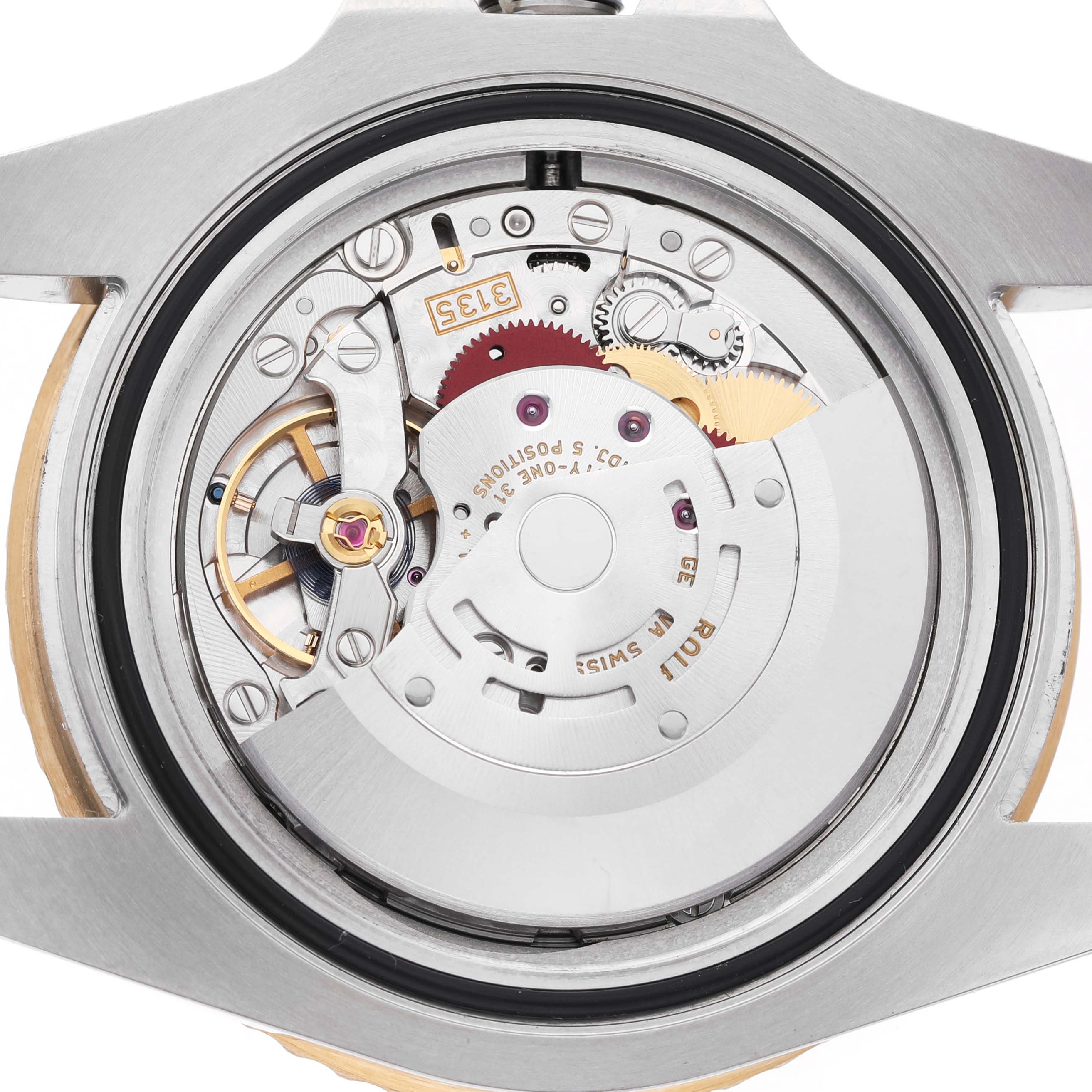 The image shows the internal mechanism of a Rolex Submariner 116613 Men's Steel and Gold (two tone) Blue Dial watch viewed from the back with the rotor and gears visible.