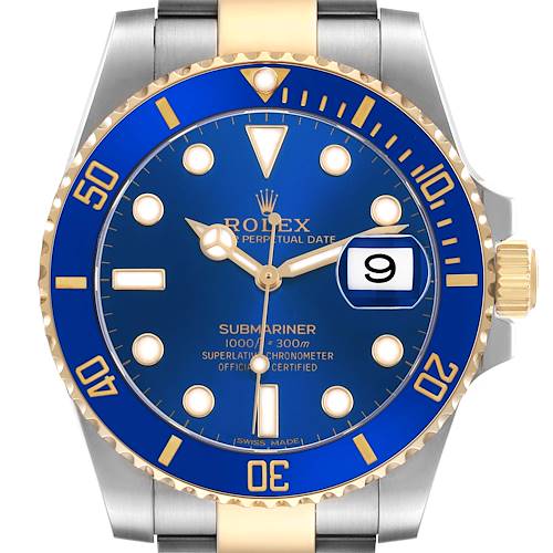 The Rolex Submariner 116613 Men's Steel and Gold (two tone) Blue Dial watch is shown from the front, highlighting its blue dial, gold-and-silver bezel, and date function.