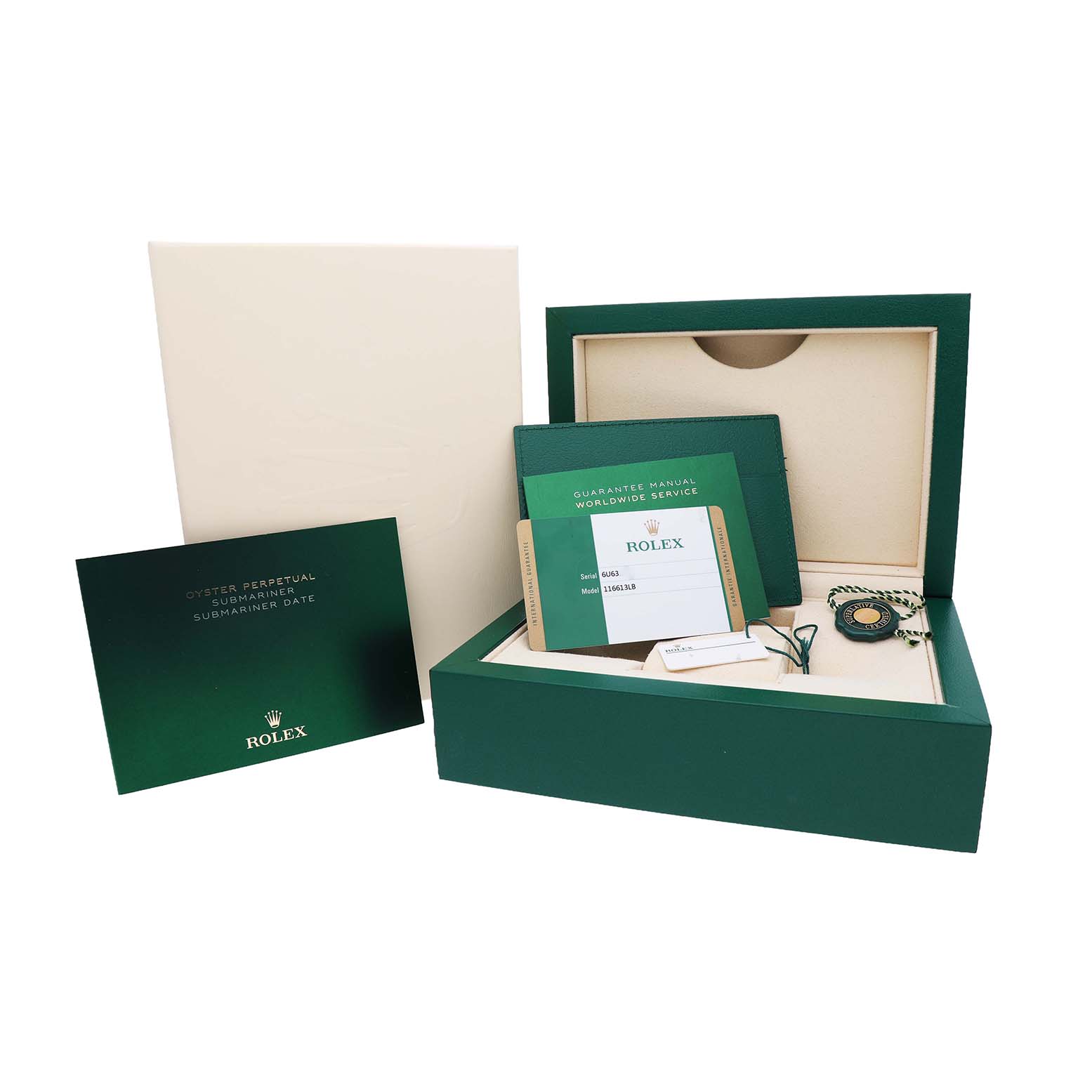 The image shows a Rolex Submariner 116613 Men's Steel and Gold (two tone) Blue Dial box set, including manuals, warranty card, and a tag.