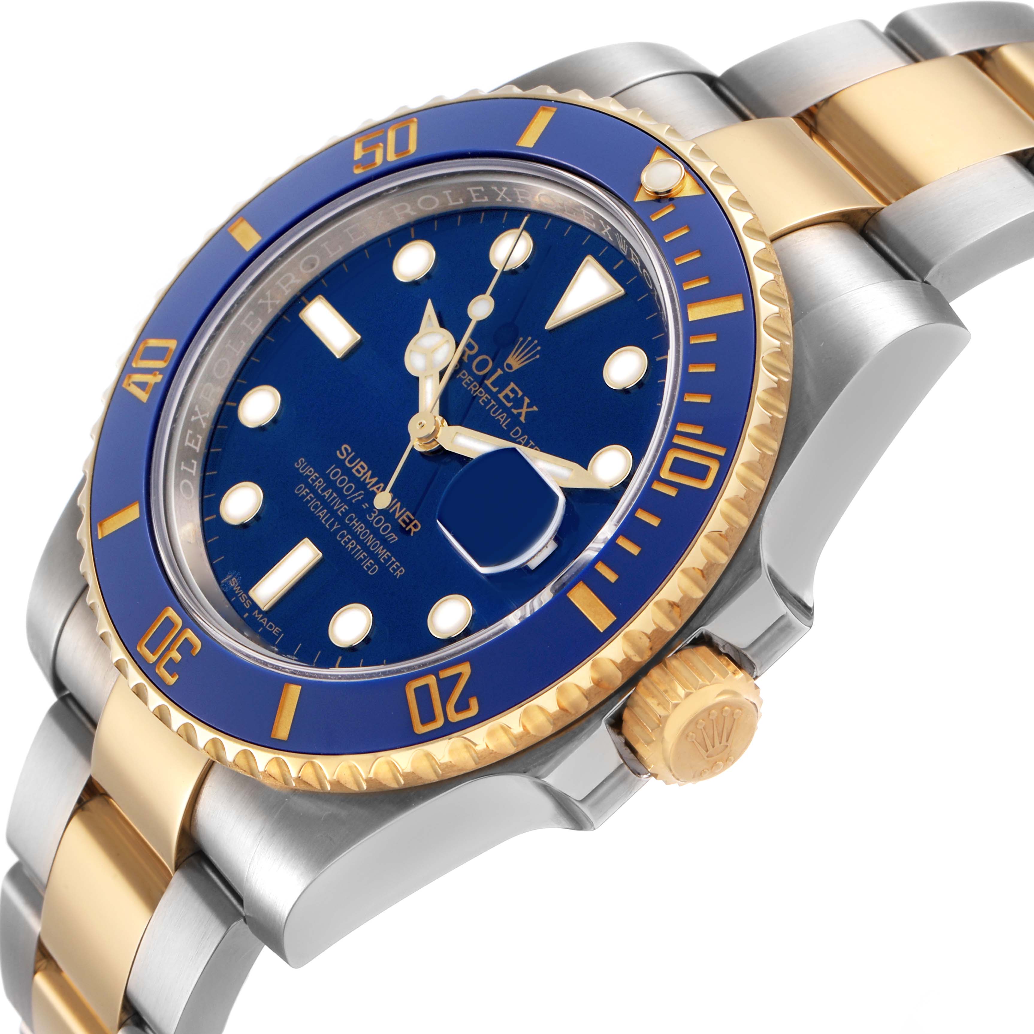 The Rolex Submariner 116613 Men's Steel and Gold (two tone) Blue Dial is shown at an angle displaying the dial, bezel, crown, and part of the bracelet.