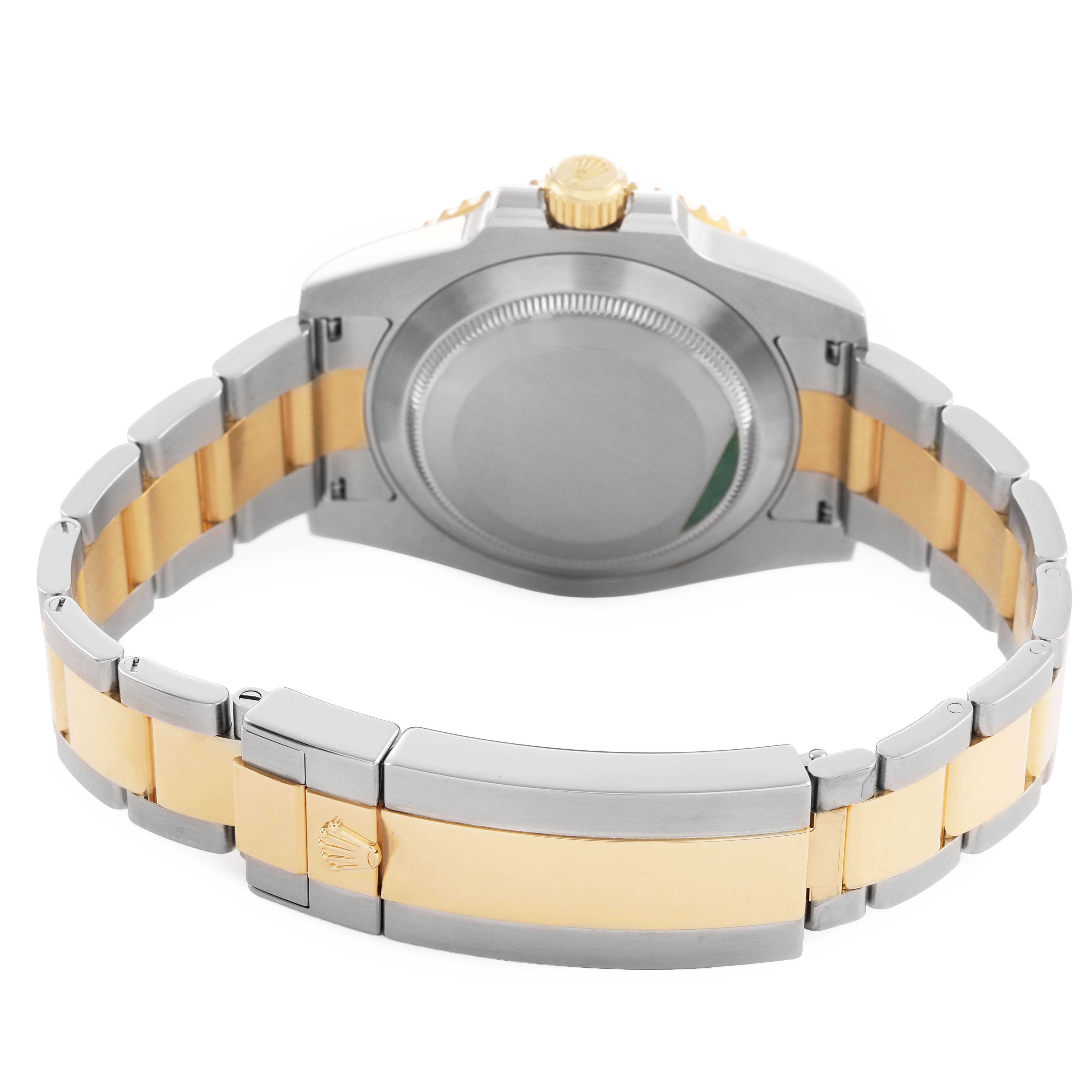 The image shows the back of the Rolex Submariner 116613 Men's Steel and Gold (two tone) Blue Dial watch, including its dual-tone bracelet and closed clasp visible from the rear angle.