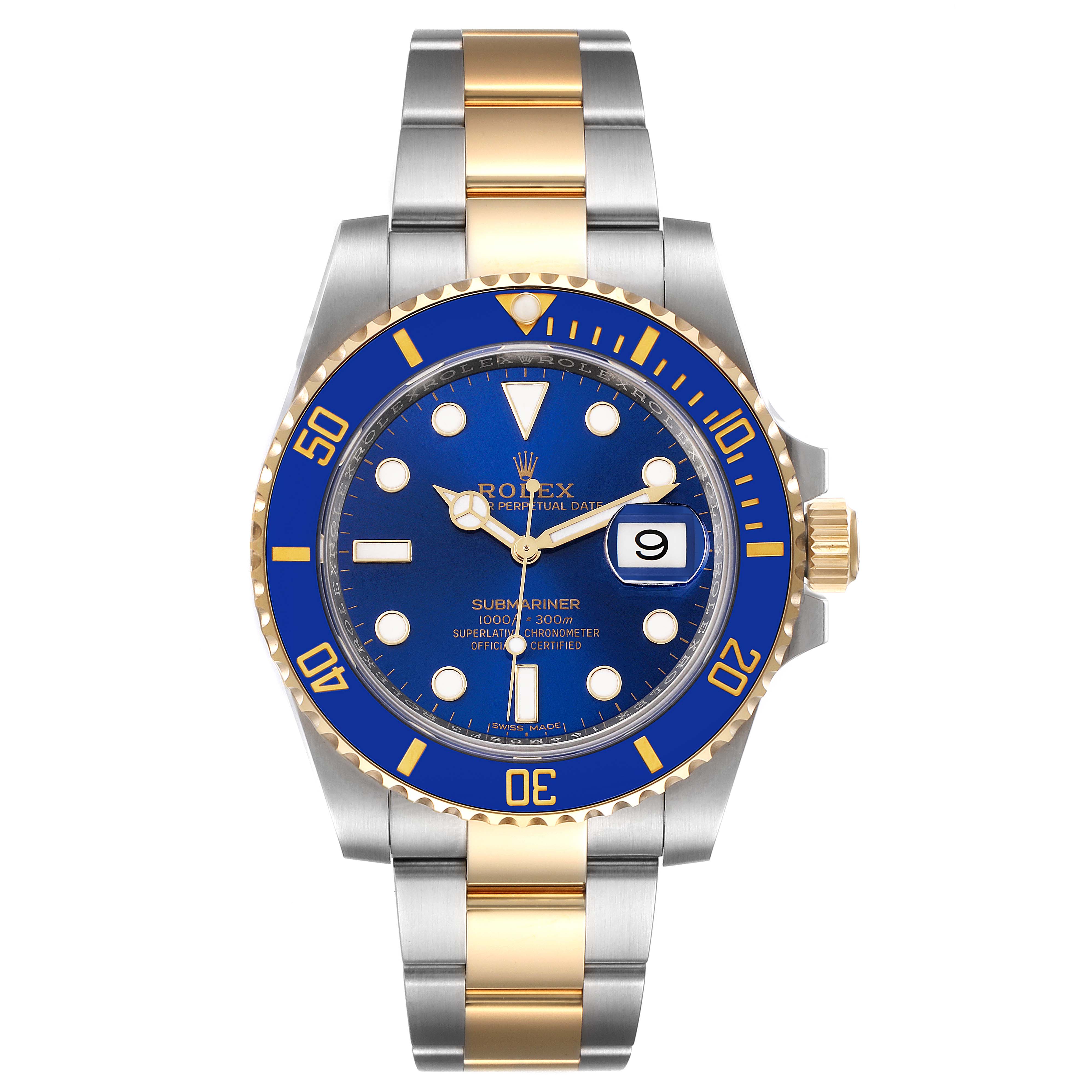 The image shows a Rolex Submariner 116613 Men
s Steel and Gold (two tone) Blue Dial 116613 Men
s Steel and Gold (two tone) Blue Dial watch from a frontal angle, highlighting its blue dial, date display, and two-tone bracelet.