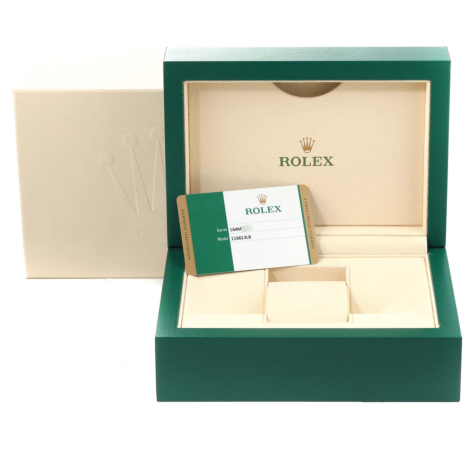 The image shows a Rolex Submariner 116613 Men
s Steel and Gold (two tone) Blue Dial 116613 Men
s Steel and Gold (two tone) Blue Dial box, an Best Quality
ation card, and an outer box lid, all from a frontal angle.