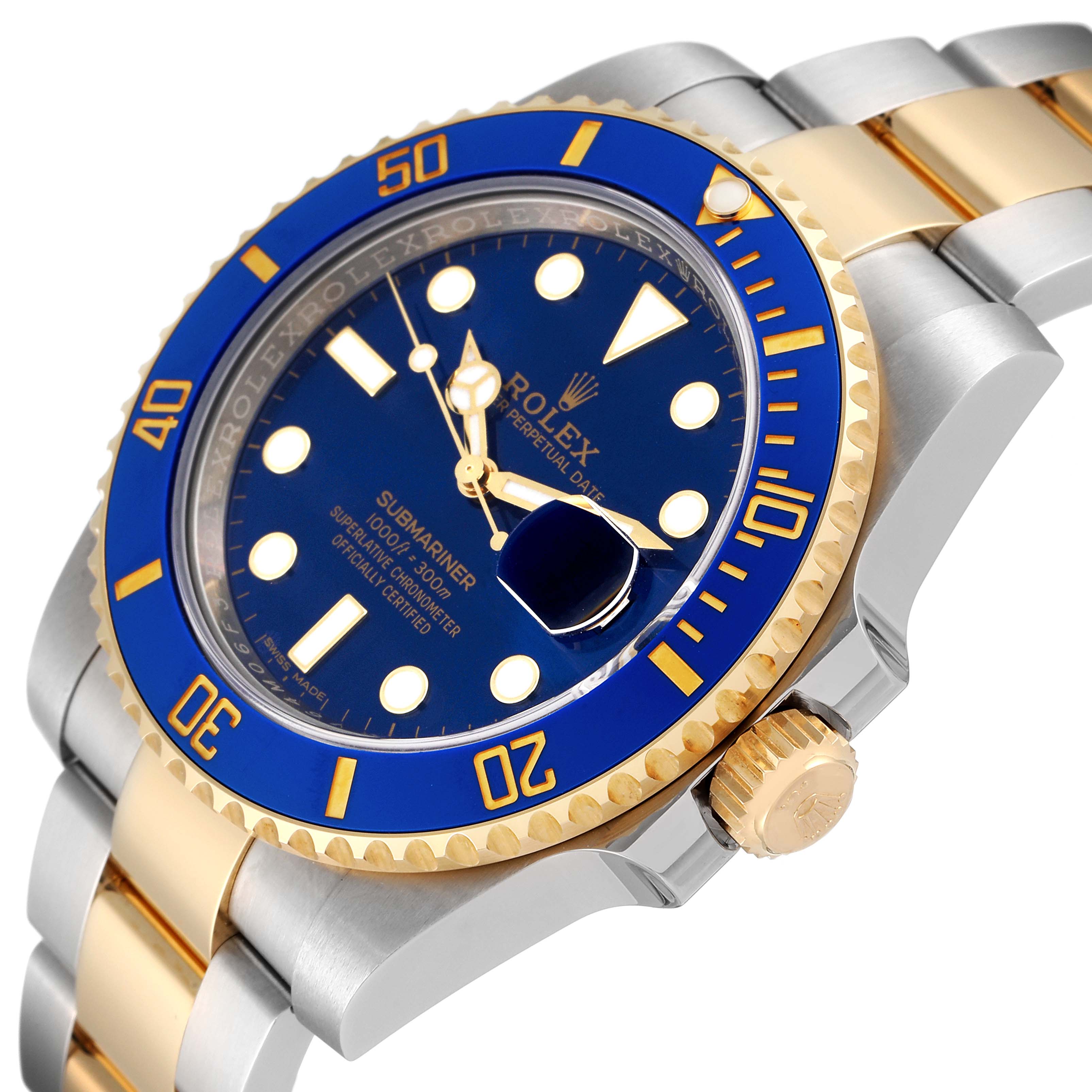 The image shows an angled side view of the Rolex Submariner 116613 Men
s Steel and Gold (two tone) Blue Dial 116613 Men
s Steel and Gold (two tone) Blue Dial watch, highlighting its blue dial, bezel, and part of the bracelet.