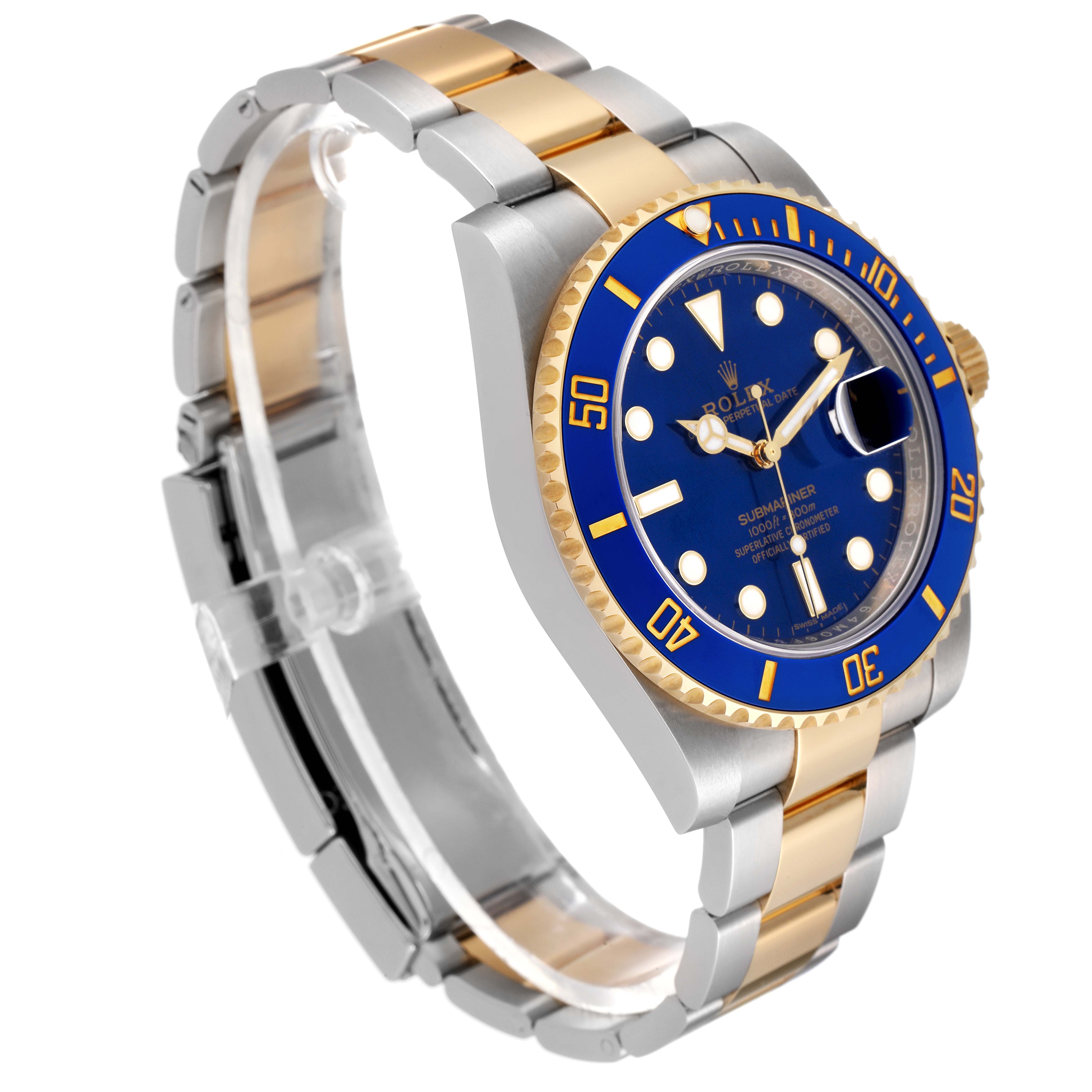 The Rolex Submariner 116613 Men
s Steel and Gold (two tone) Blue Dial 116613 Men
s Steel and Gold (two tone) Blue Dial watch is shown at a three-quarter angle, displaying the face, bezel, and bracelet with mixed metal links.