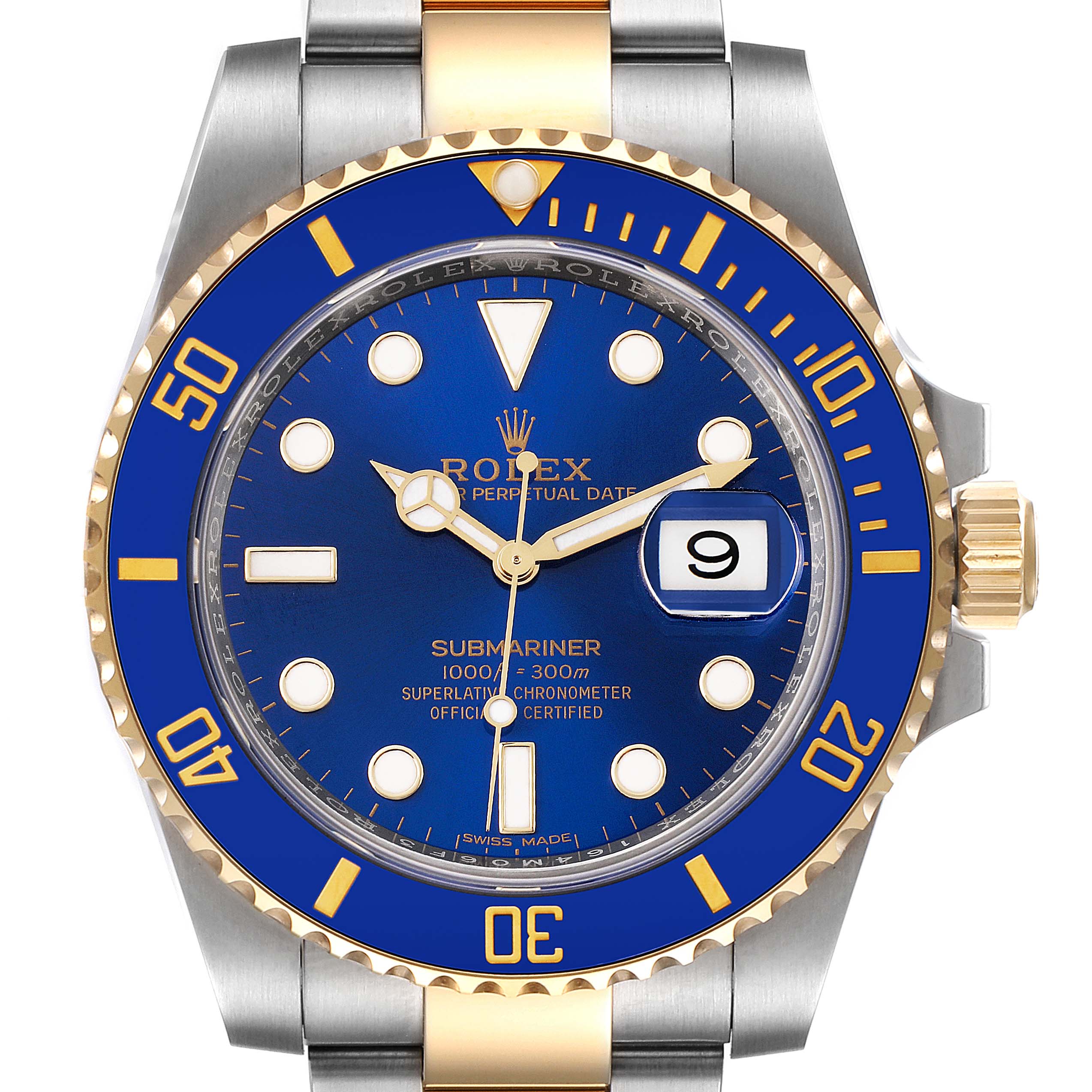 Front view of the Rolex Submariner 116613 Men
s Steel and Gold (two tone) Blue Dial 116613 Men
s Steel and Gold (two tone) Blue Dial watch showing the blue dial, gold bezel, and stainless steel strap.