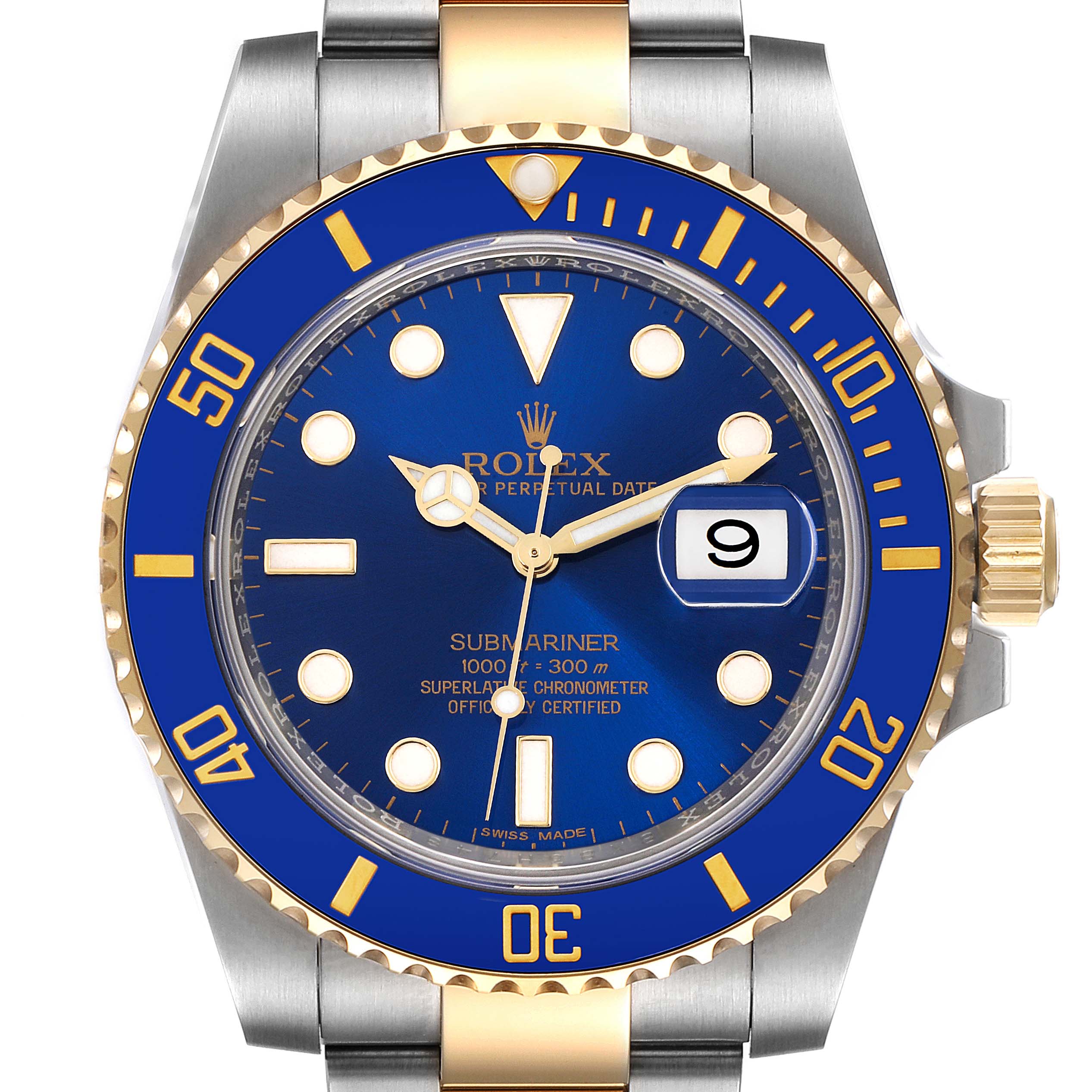 The image shows a Rolex Submariner 116613 Men
s Steel and Gold (two tone) Blue Dial 116613 Men
s Steel and Gold (two tone) Blue Dial watch from a front angle, highlighting its blue dial, blue bezel, and steel-gold bracelet.