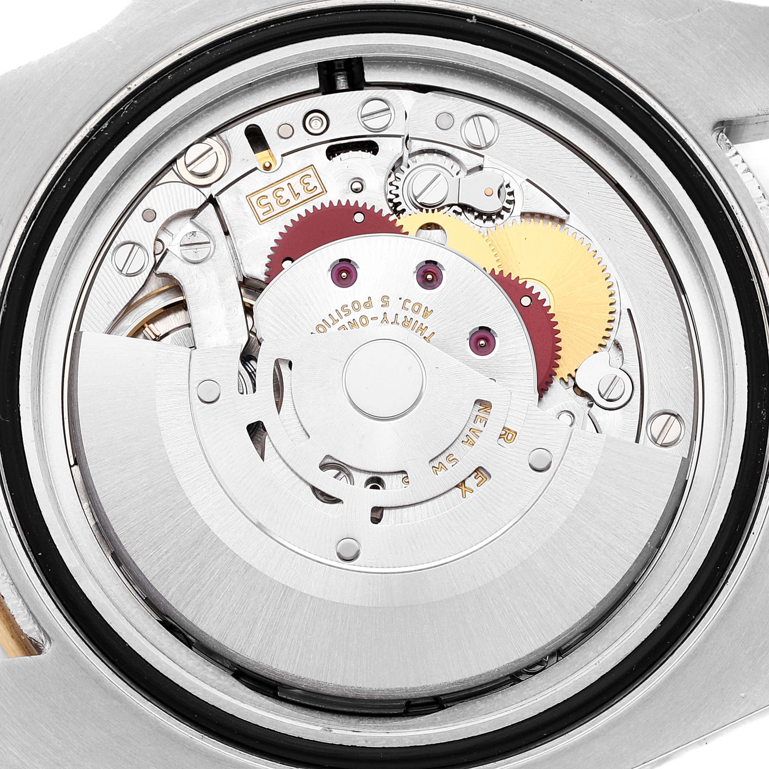 This image shows the movement of a Rolex Submariner 116613 Men
s Steel and Gold (two tone) Blue Dial 116613 Men
s Steel and Gold (two tone) Blue Dial watch from a close-up, top-down angle.