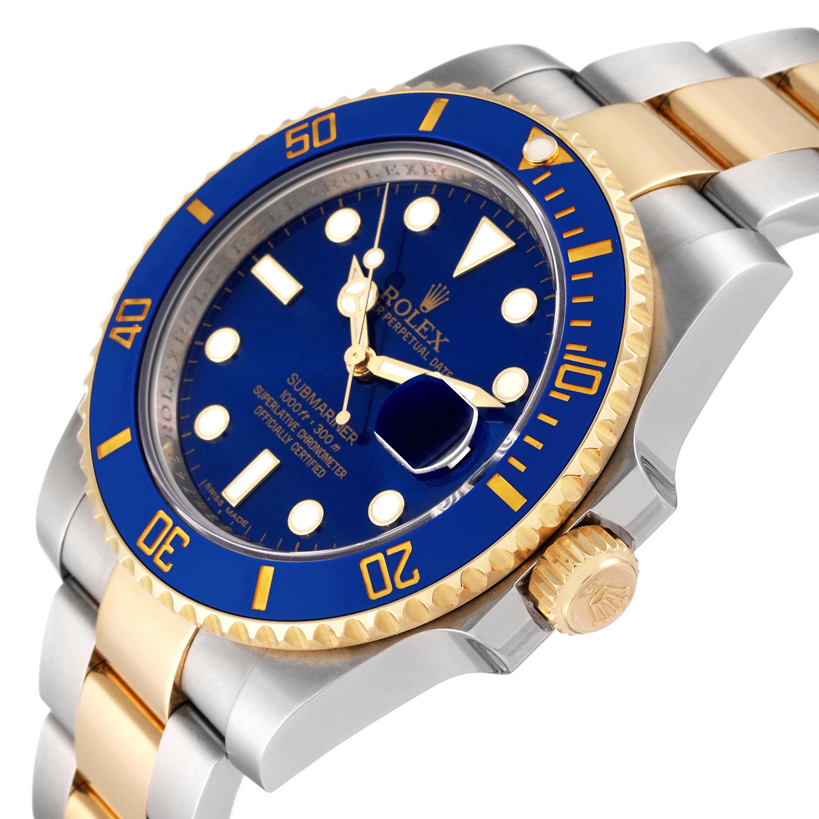 The Rolex Submariner 116613 Men
s Steel and Gold (two tone) Blue Dial 116613 Men
s Steel and Gold (two tone) Blue Dial watch is shown at an angled view, displaying its blue dial, bezel, case, crown, and two-tone bracelet.