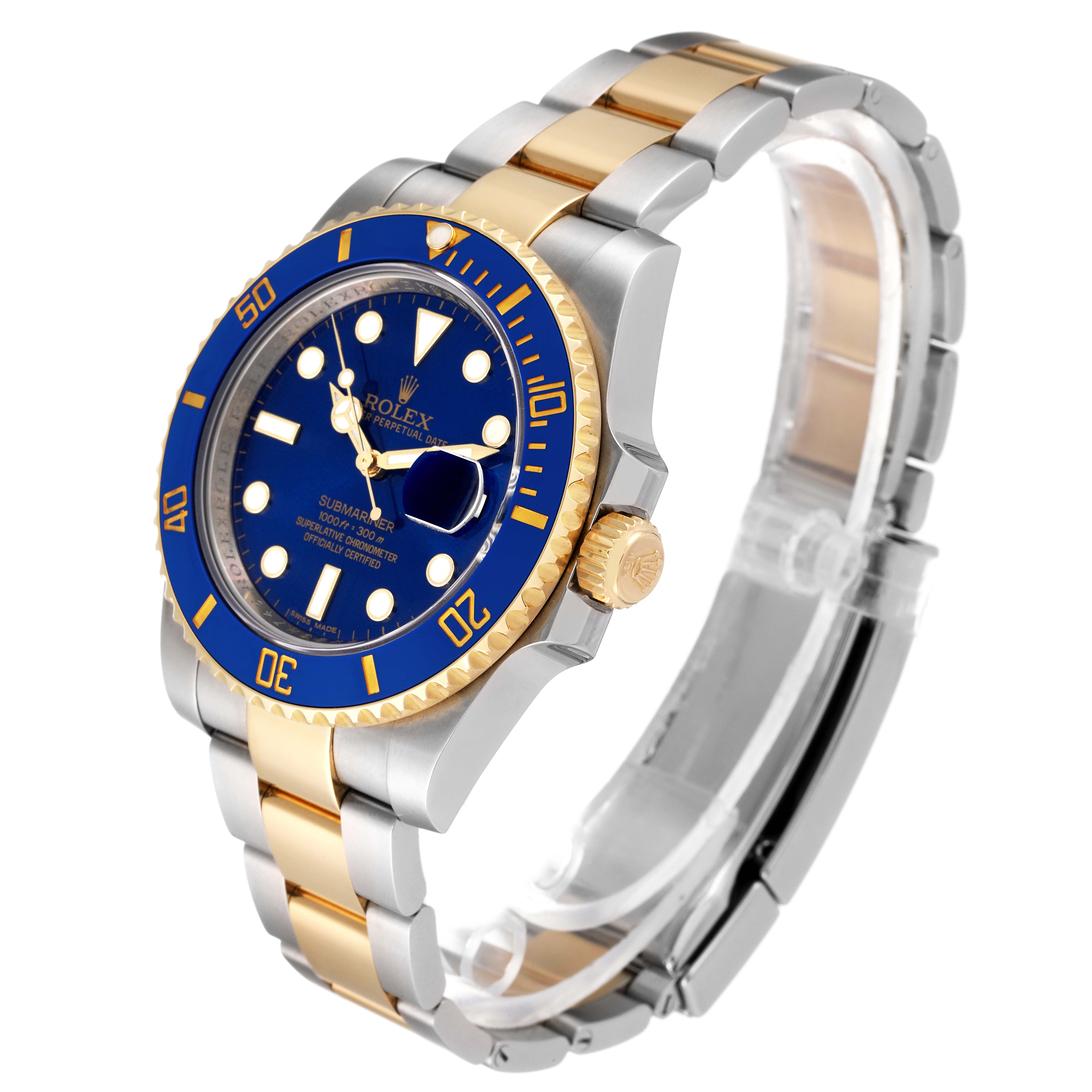 This image shows a Rolex Submariner 116613 Men
s Steel and Gold (two tone) Blue Dial 116613 Men
s Steel and Gold (two tone) Blue Dial watch angled to display the face, bezel, crown, and the two-tone bracelet.