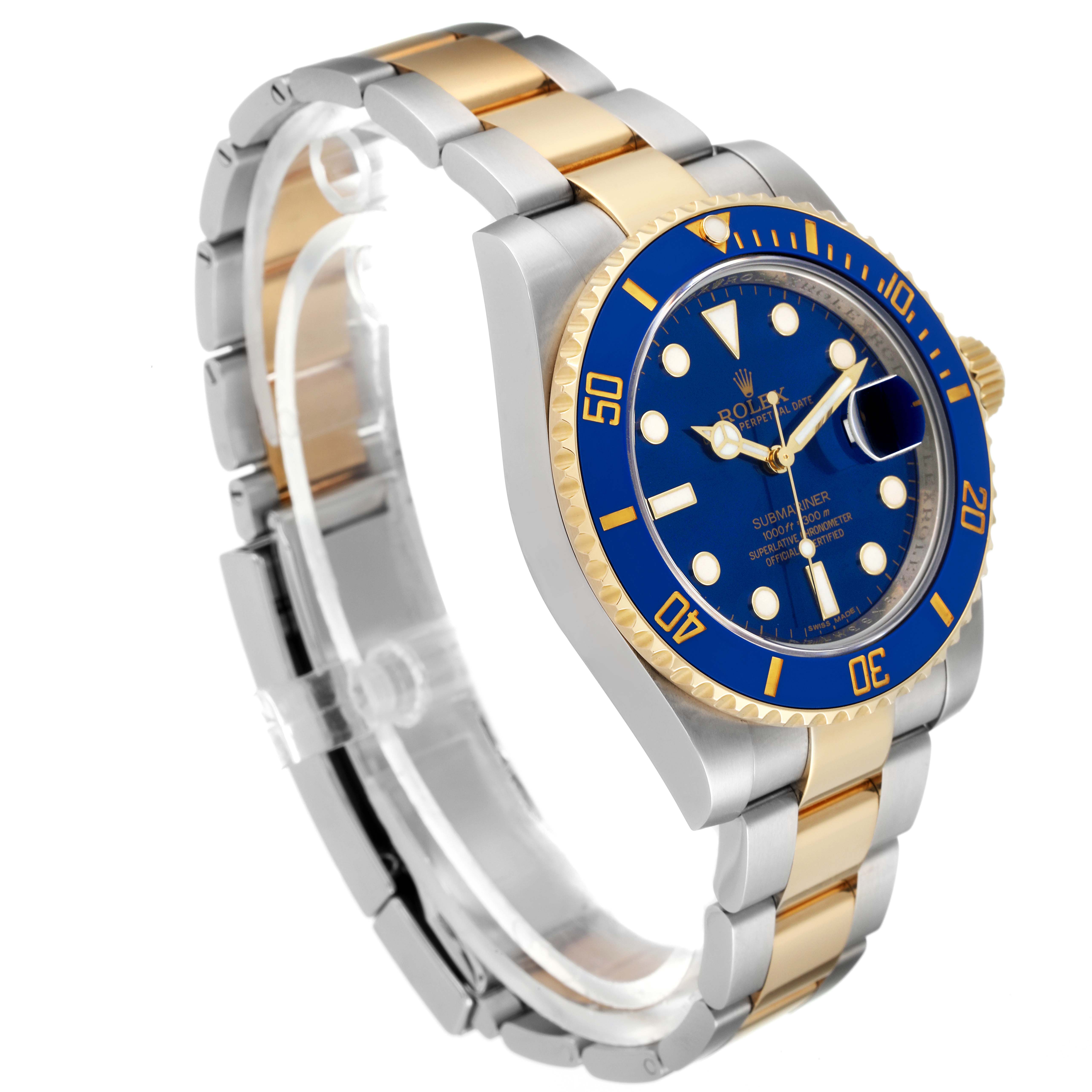 The image shows a side profile angle of a Rolex Submariner 116613 Men
s Steel and Gold (two tone) Blue Dial 116613 Men
s Steel and Gold (two tone) Blue Dial watch, highlighting the blue dial, bezel, and two-tone metal bracelet.