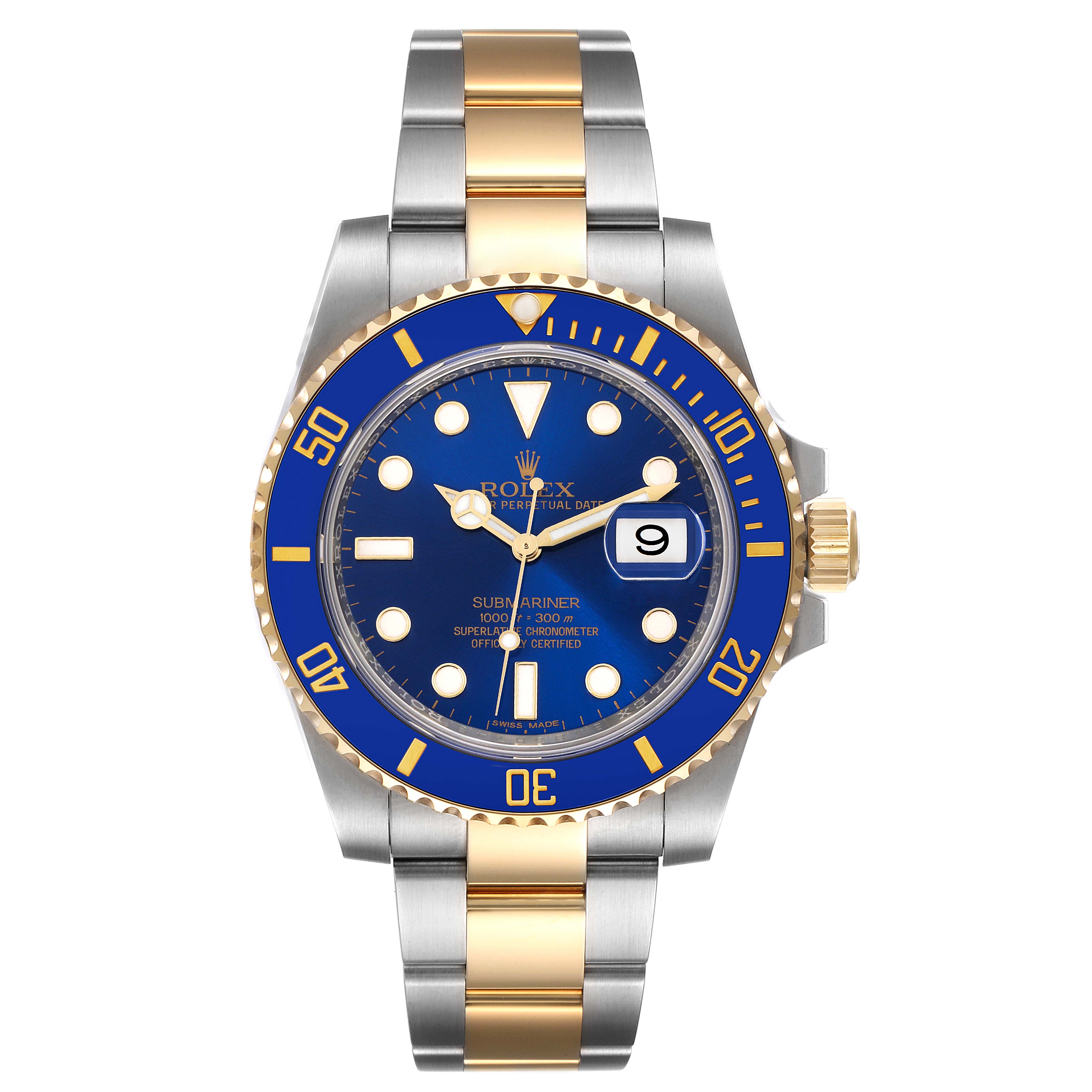 The image shows a front view of a Rolex Submariner 116613 Men
s Steel and Gold (two tone) Blue Dial 116613 Men
s Steel and Gold (two tone) Blue Dial watch with a blue dial, gold accents, date window, and two-tone bracelet.