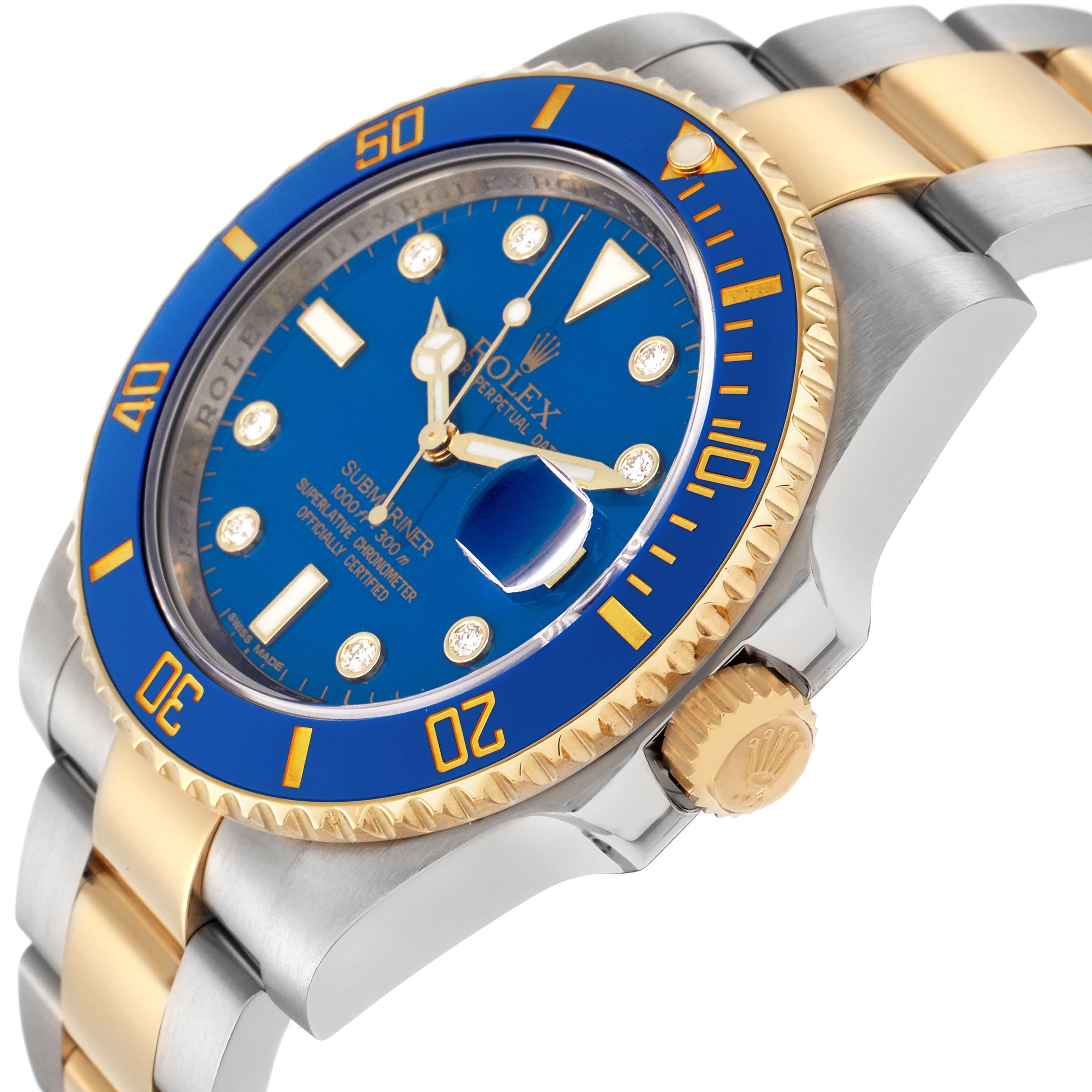 The Rolex Submariner 116613 Men's Steel and Gold (two tone) Blue Dial 116613 Men's Steel and Gold (two tone) Blue Dial watch is shown at an angled side view, highlighting the blue dial, bezel, crown, and two-tone bracelet.