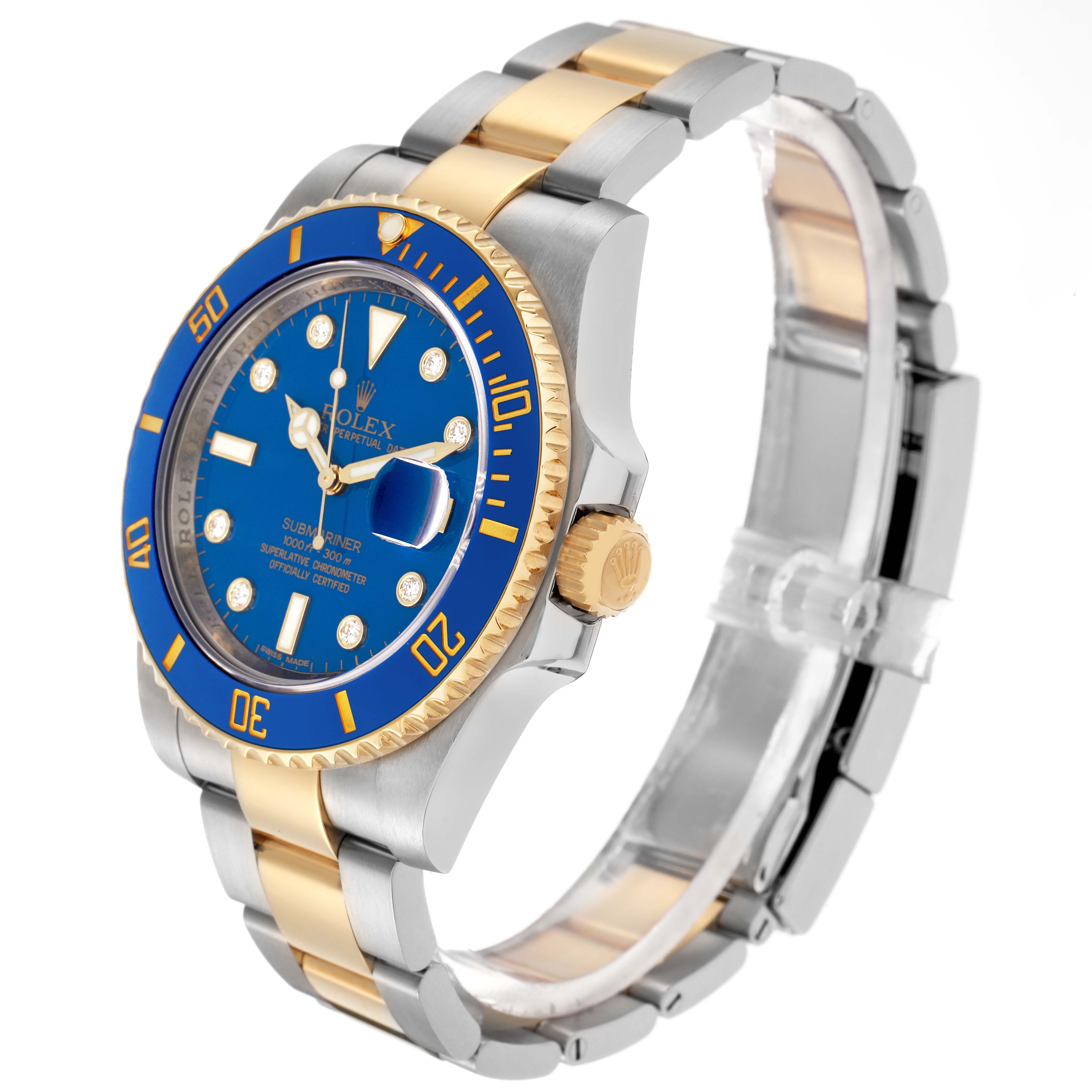 The Rolex Submariner 116613 Men's Steel and Gold (two tone) Blue Dial 116613 Men's Steel and Gold (two tone) Blue Dial watch is shown at a three-quarter angle, highlighting the blue and gold bezel, blue dial, and two-tone bracelet.
