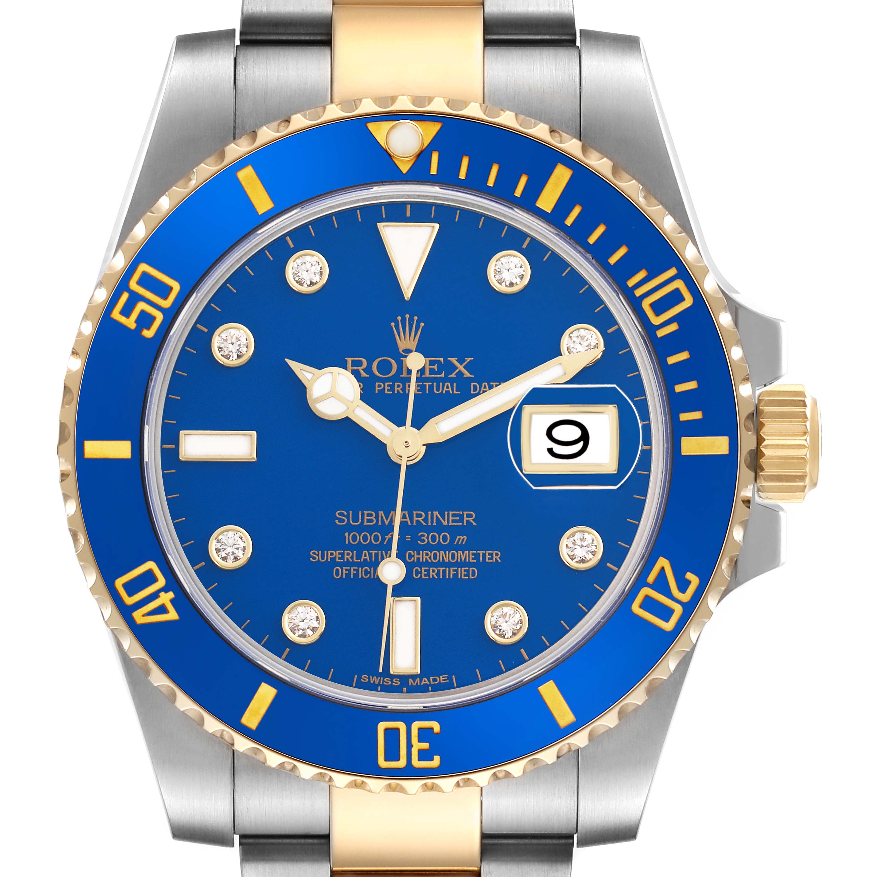 The Rolex Submariner 116613 Men's Steel and Gold (two tone) Blue Dial 116613 Men's Steel and Gold (two tone) Blue Dial watch is shown from a top-down view, highlighting the blue dial, bezel, bracelet, and date window.