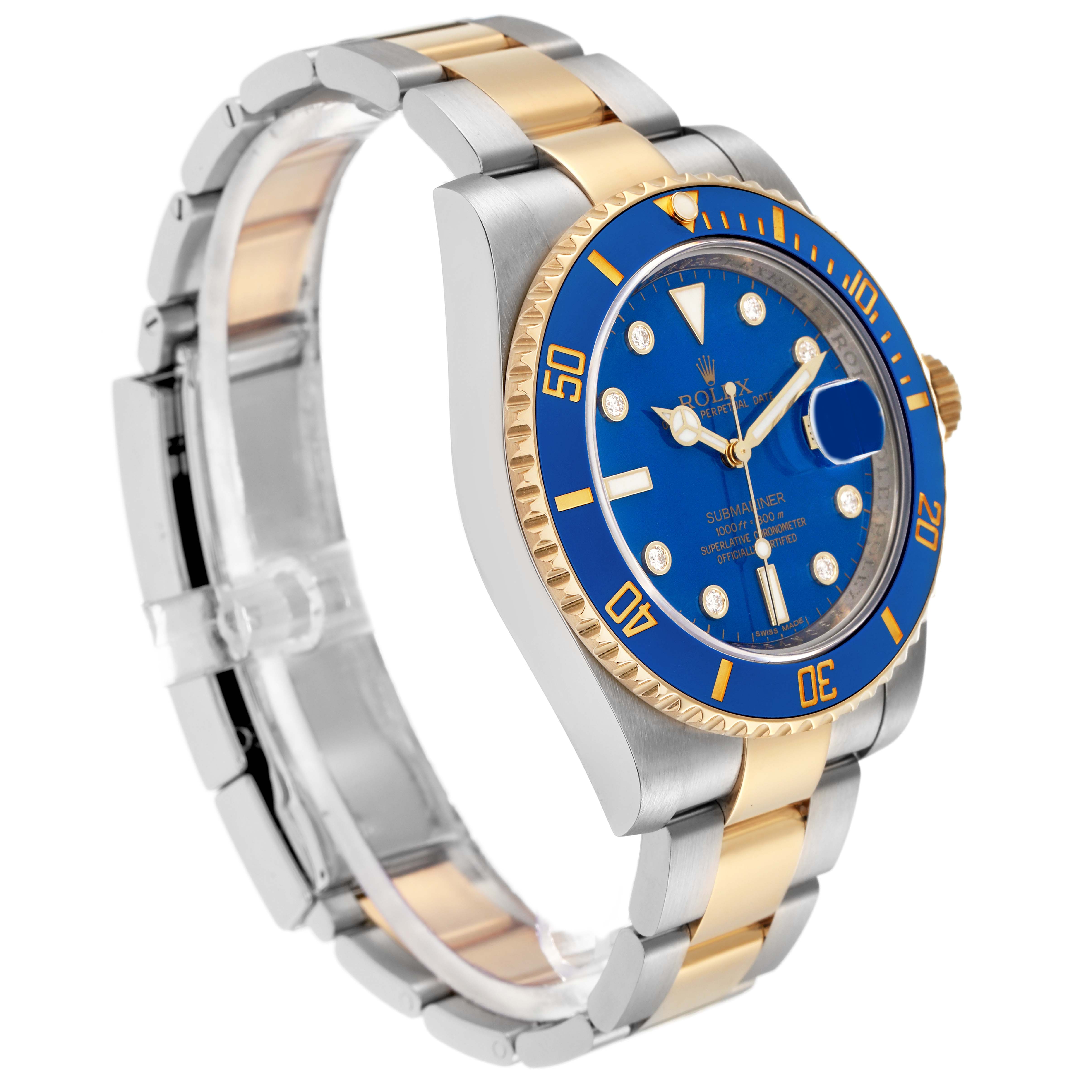 The Rolex Submariner 116613 Men's Steel and Gold (two tone) Blue Dial 116613 Men's Steel and Gold (two tone) Blue Dial watch is shown at an angle highlighting its face, bezel, and two-tone bracelet.