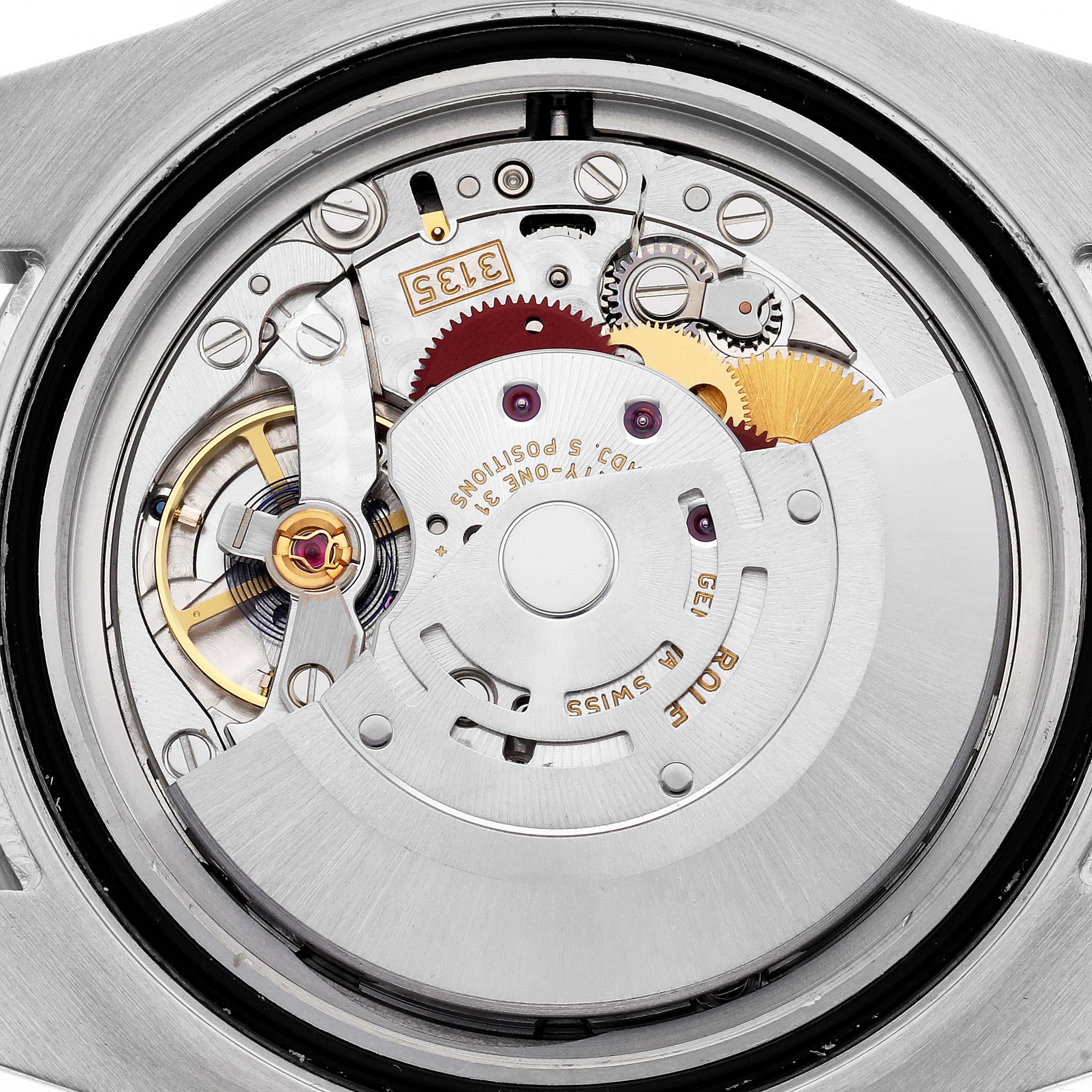 The image shows the movement of a Rolex Submariner 116613 Men's Steel and Gold (two tone) Blue Dial 116613 Men's Steel and Gold (two tone) Blue Dial, highlighting gears and the balance wheel from a rear angle.