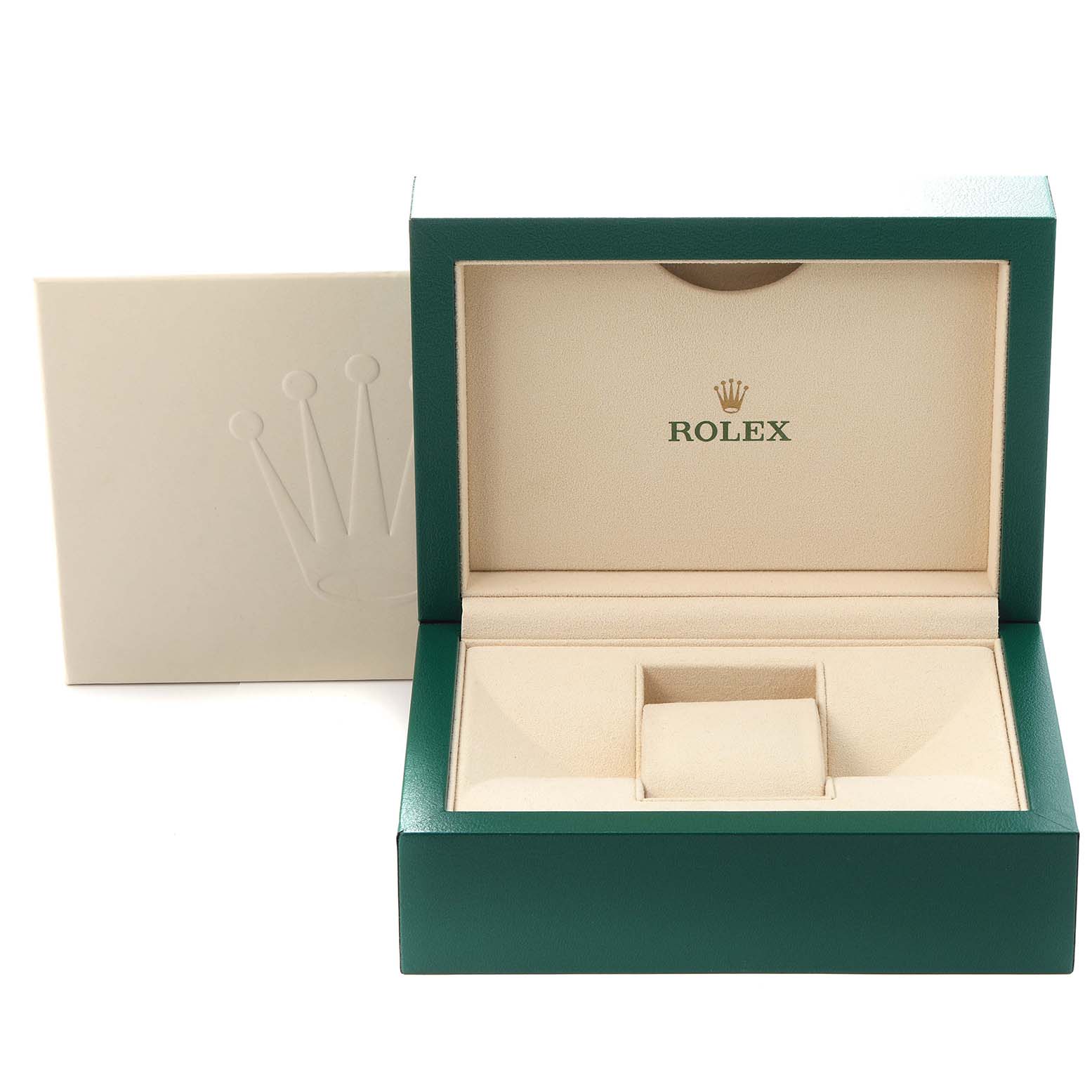 The image shows an open Rolex box, presumably for a Submariner model, featuring a green exterior and beige interior.