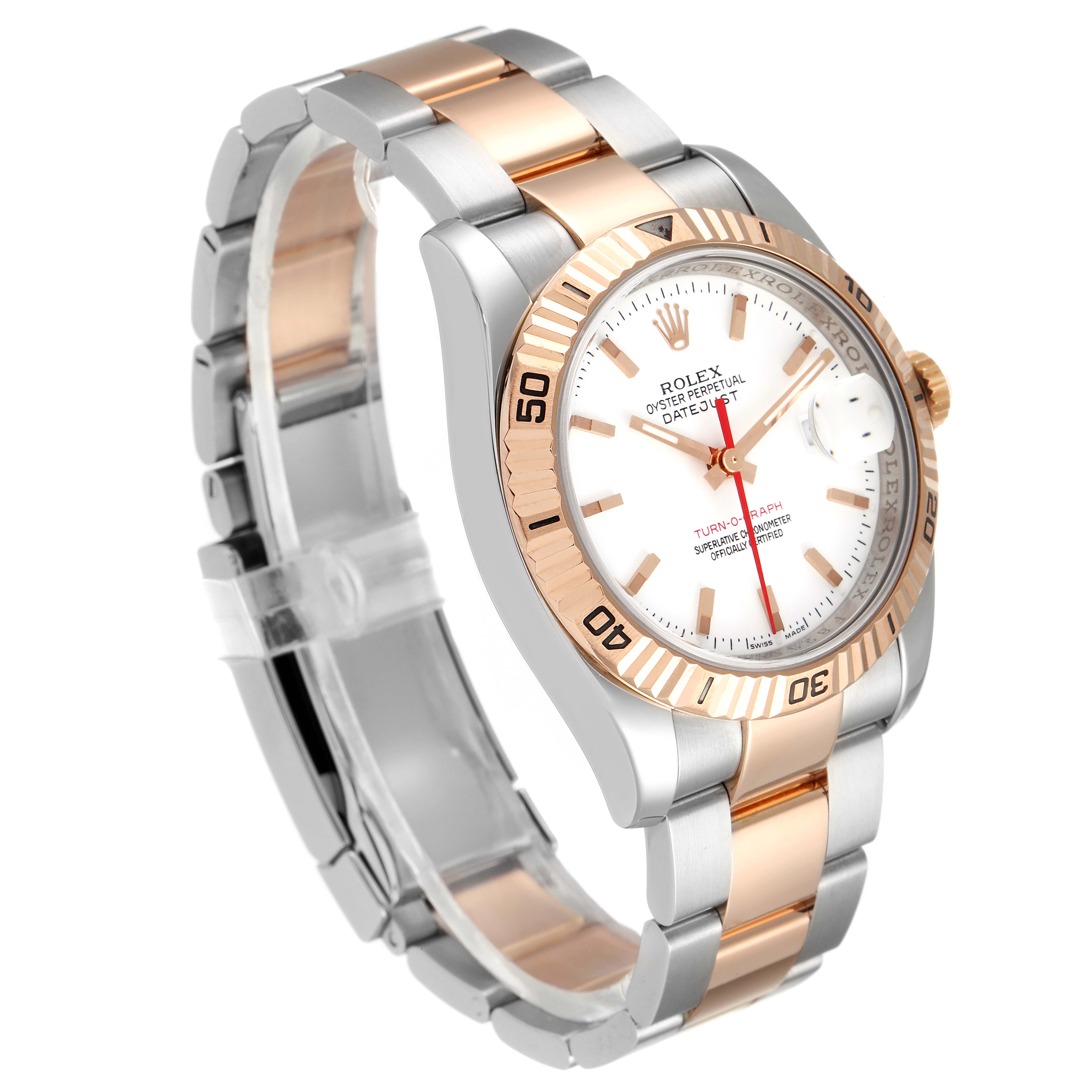 The image shows a Rolex Turn-o-Graph 116261 Men
s Steel and Gold (two tone) White Dial 116261 Men
s Steel and Gold (two tone) White Dial watch at an angle, highlighting its dial, bezel, and dual-tone bracelet.