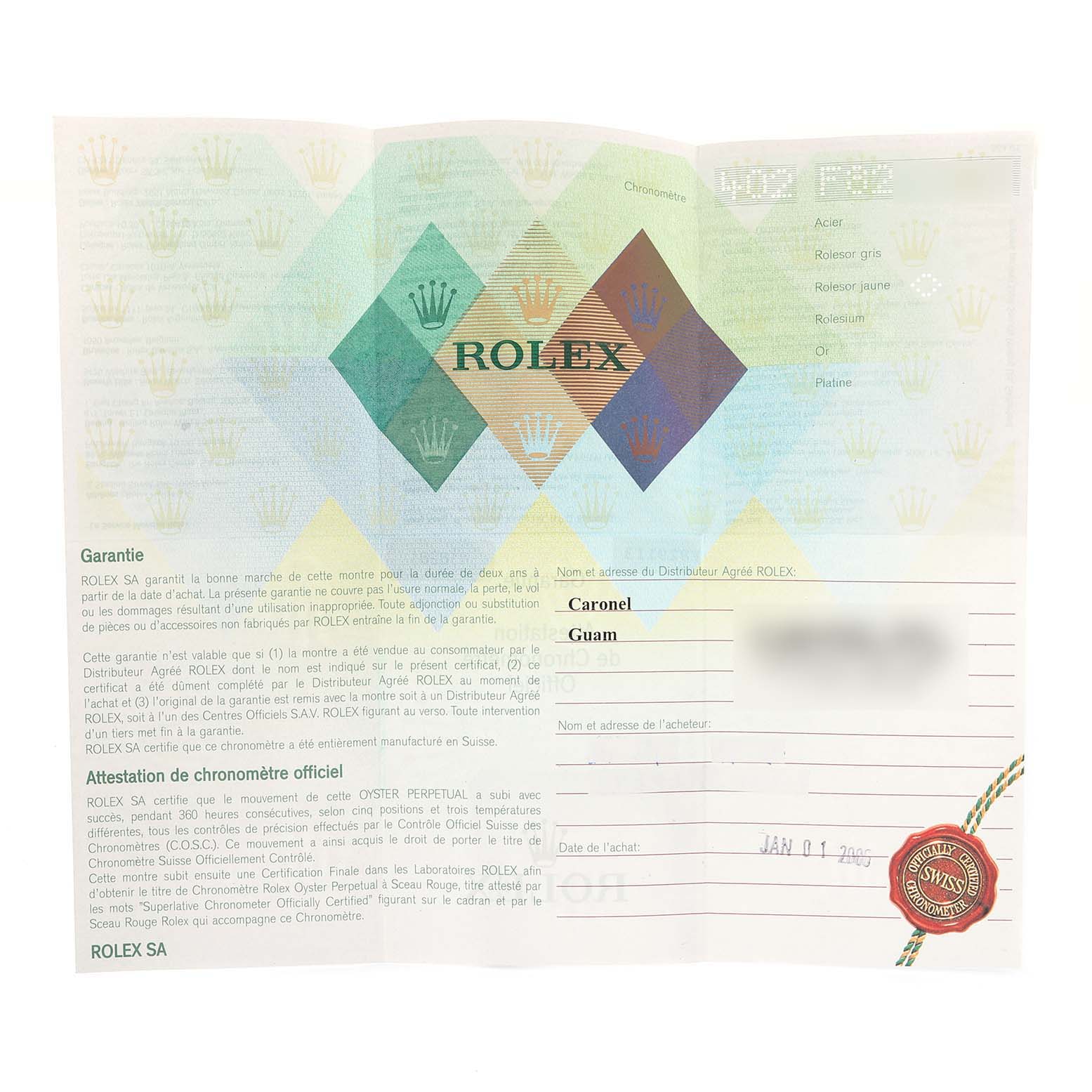 This image shows a guarantee card for a Rolex Turn-o-Graph 116261 Men
s Steel and Gold (two tone) White Dial 116261 Men
s Steel and Gold (two tone) White Dial model, with information about the distributor and purchase date.