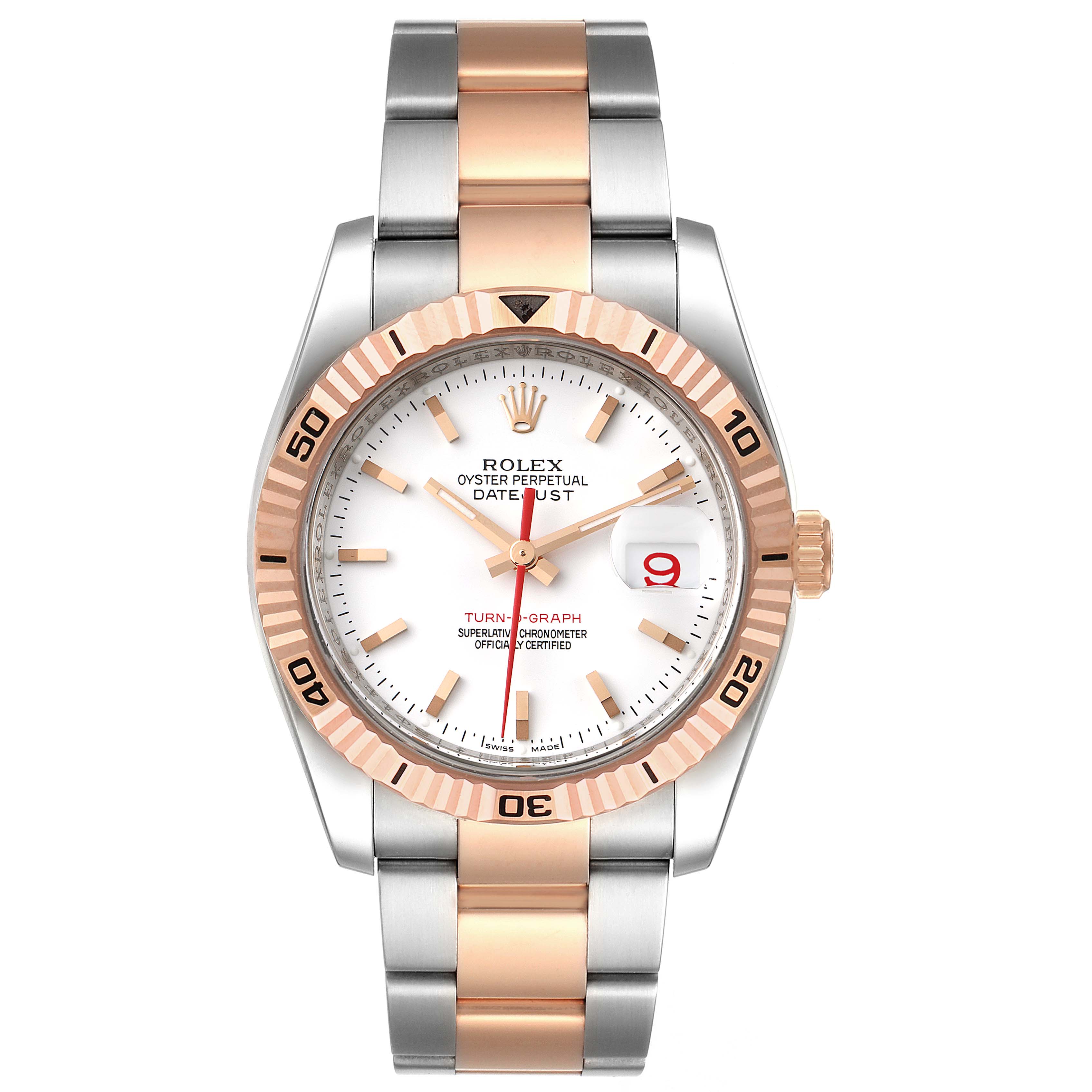 The image shows a Rolex Turn-o-Graph 116261 Men
s Steel and Gold (two tone) White Dial 116261 Men
s Steel and Gold (two tone) White Dial model watch, featuring a two-tone bracelet, fluted bezel, and date indicator, viewed from the front.