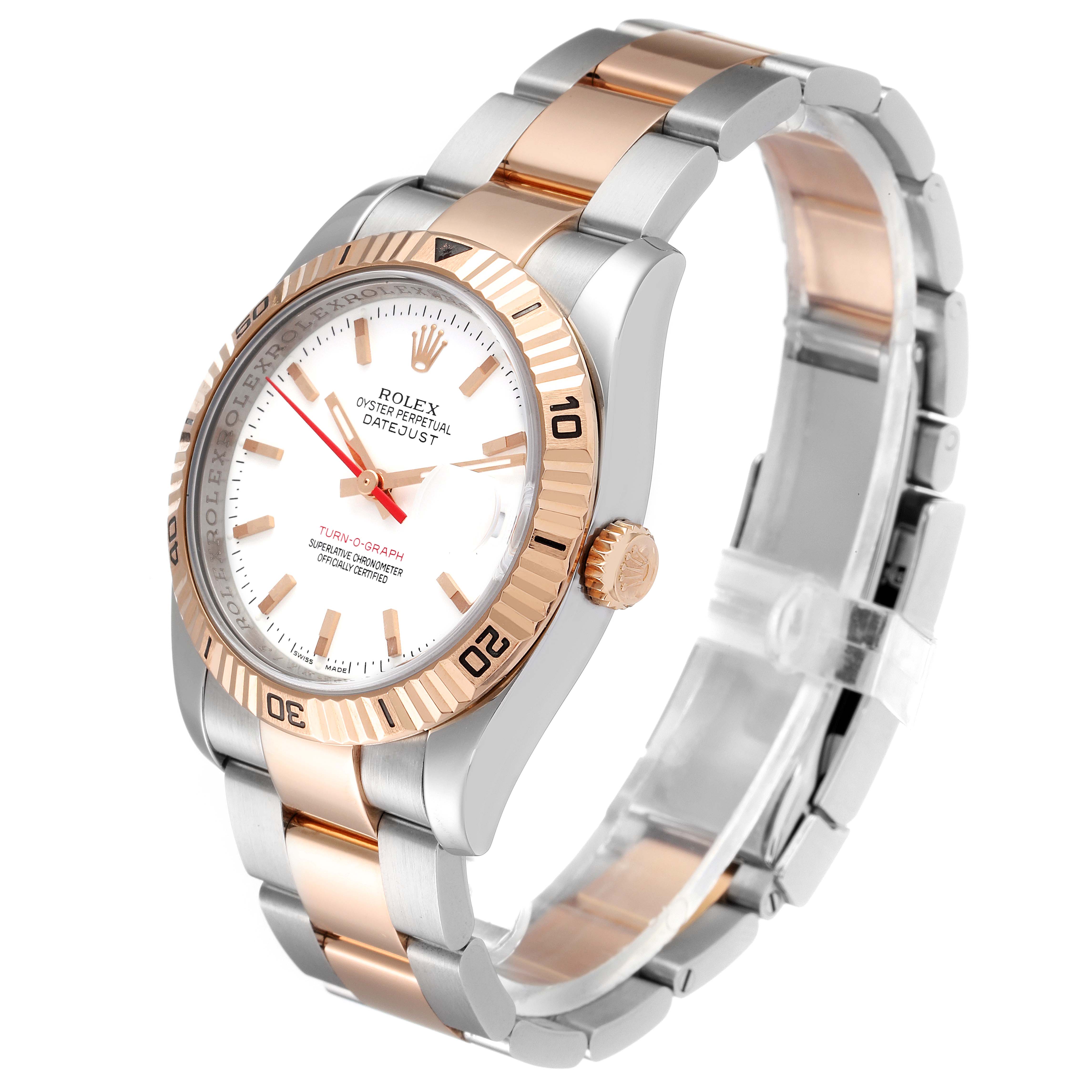 This image showcases a Rolex Turn-o-Graph 116261 Men
s Steel and Gold (two tone) White Dial 116261 Men
s Steel and Gold (two tone) White Dial watch at an angle highlighting its face, bezel, crown, and two-tone bracelet.