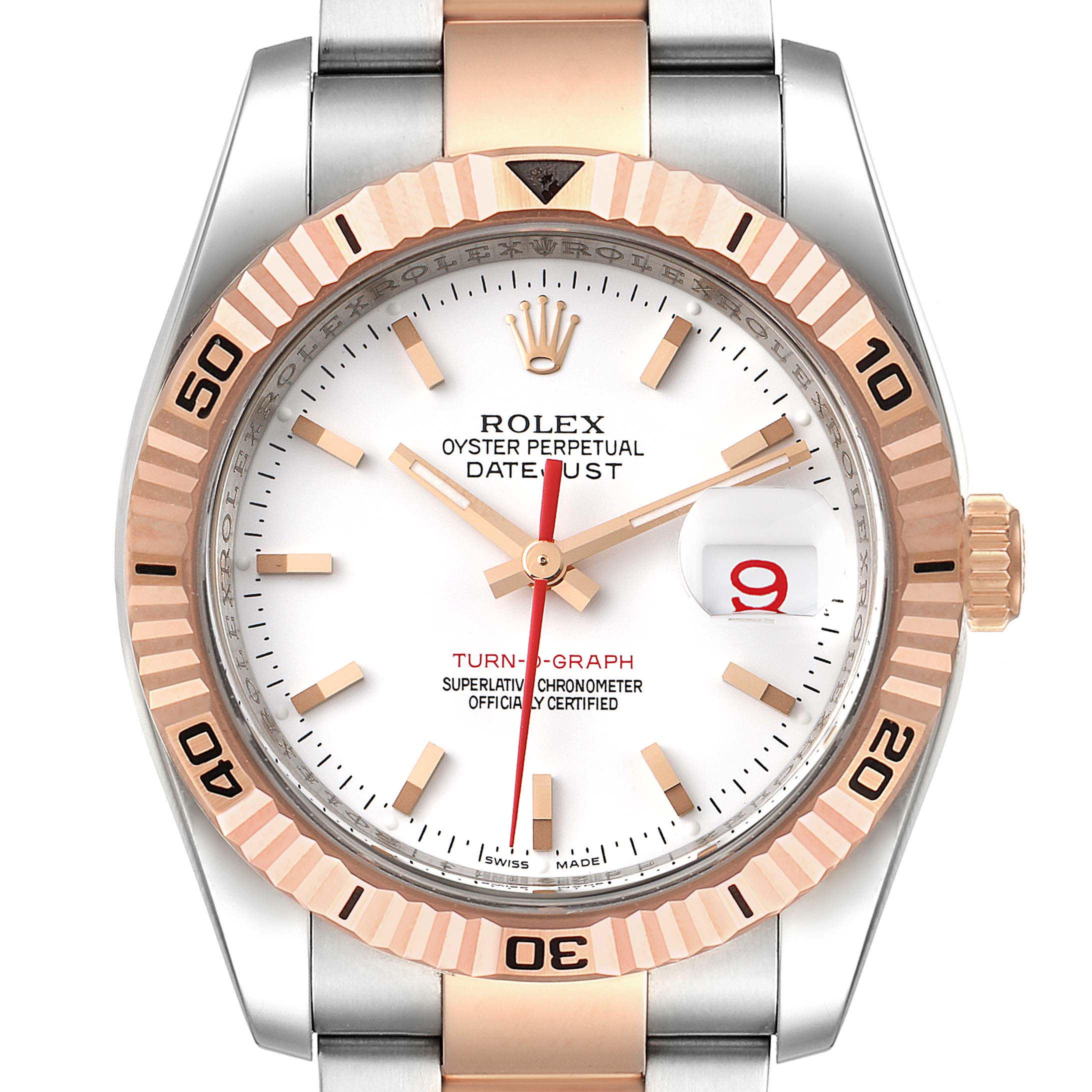 This image shows the front view of a Rolex Turn-o-Graph 116261 Men
s Steel and Gold (two tone) White Dial 116261 Men
s Steel and Gold (two tone) White Dial watch, highlighting the dial, bezel, crown, and part of the bracelet.