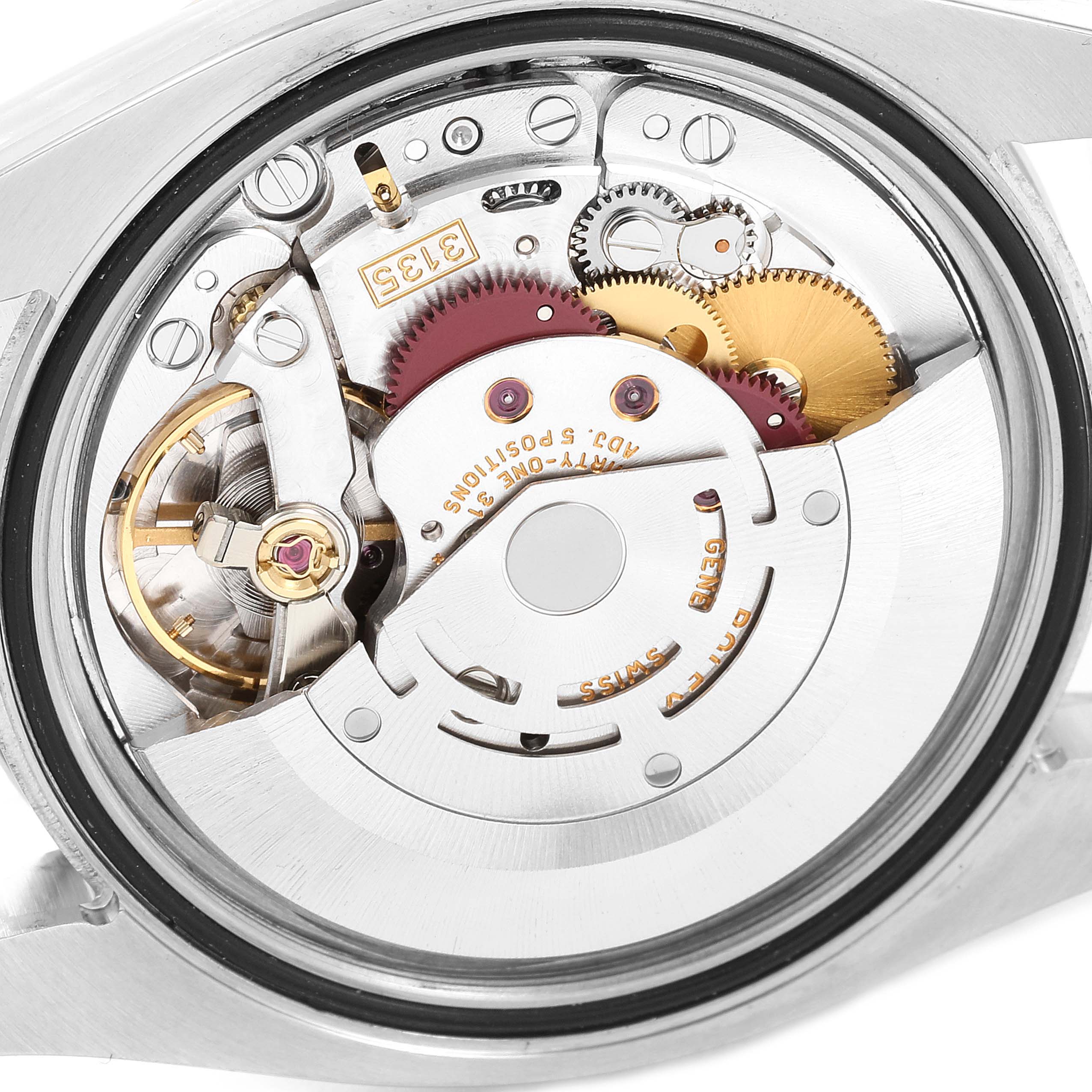 This close-up image shows the intricate internal movement mechanism of a Rolex Turn-o-Graph 116261 Men
s Steel and Gold (two tone) White Dial 116261 Men
s Steel and Gold (two tone) White Dial watch.
