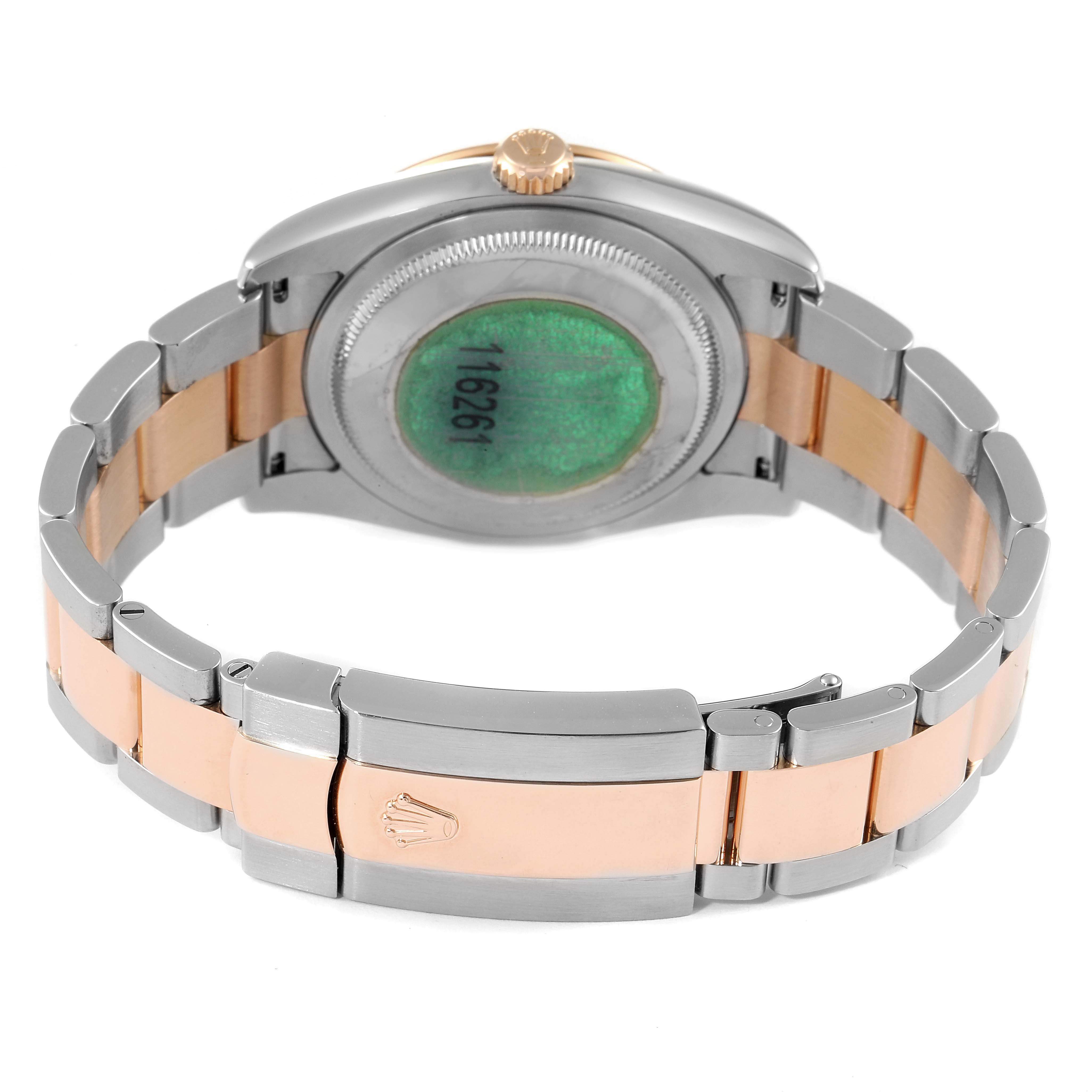 The image shows the back view of a Rolex Turn-o-Graph 116261 Men
s Steel and Gold (two tone) White Dial 116261 Men
s Steel and Gold (two tone) White Dial watch, highlighting the bracelet, clasp, and case back.