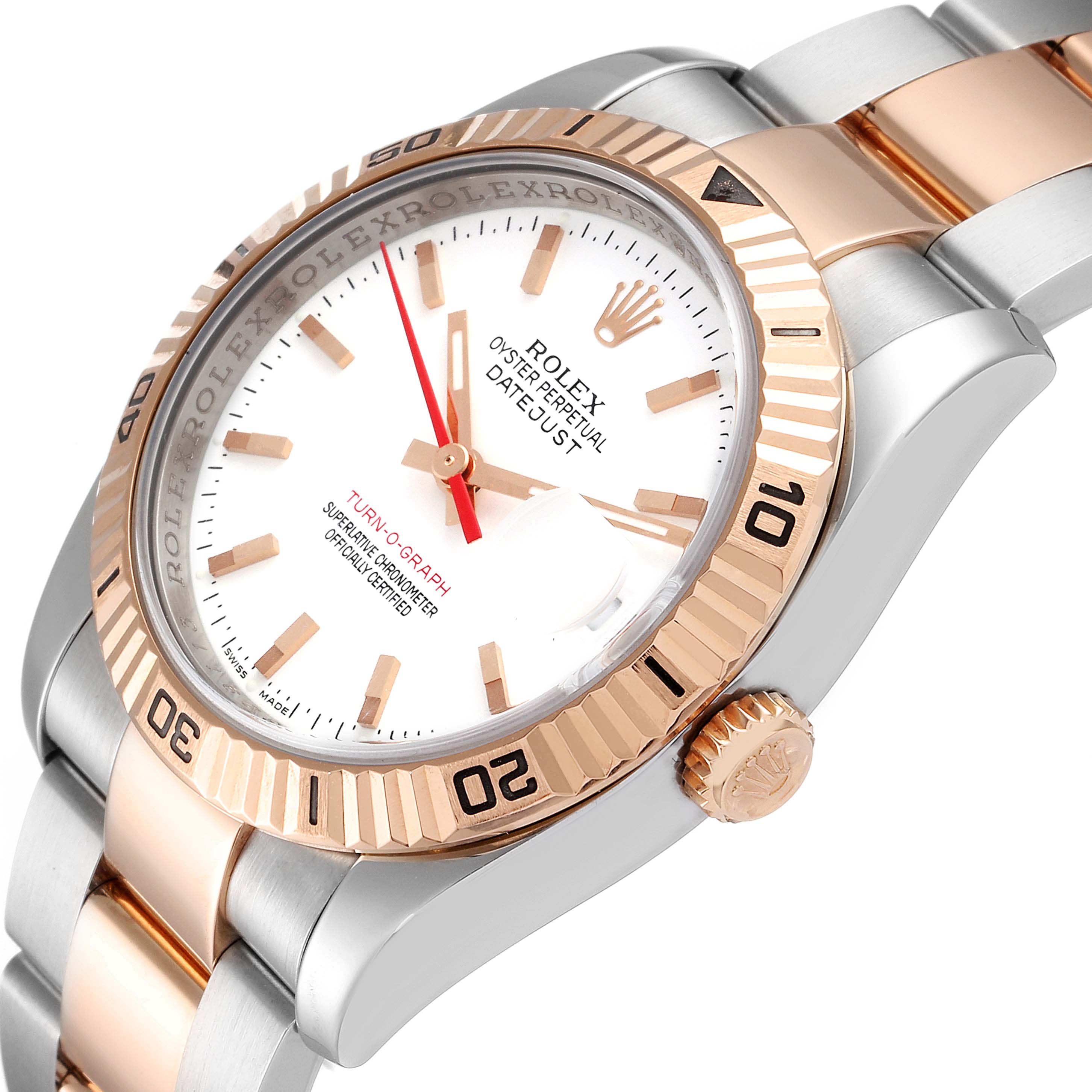 This image shows a close-up angled view of the Rolex Turn-o-Graph 116261 Men
s Steel and Gold (two tone) White Dial 116261 Men
s Steel and Gold (two tone) White Dial watch, highlighting the dial, bezel, and part of the bracelet.