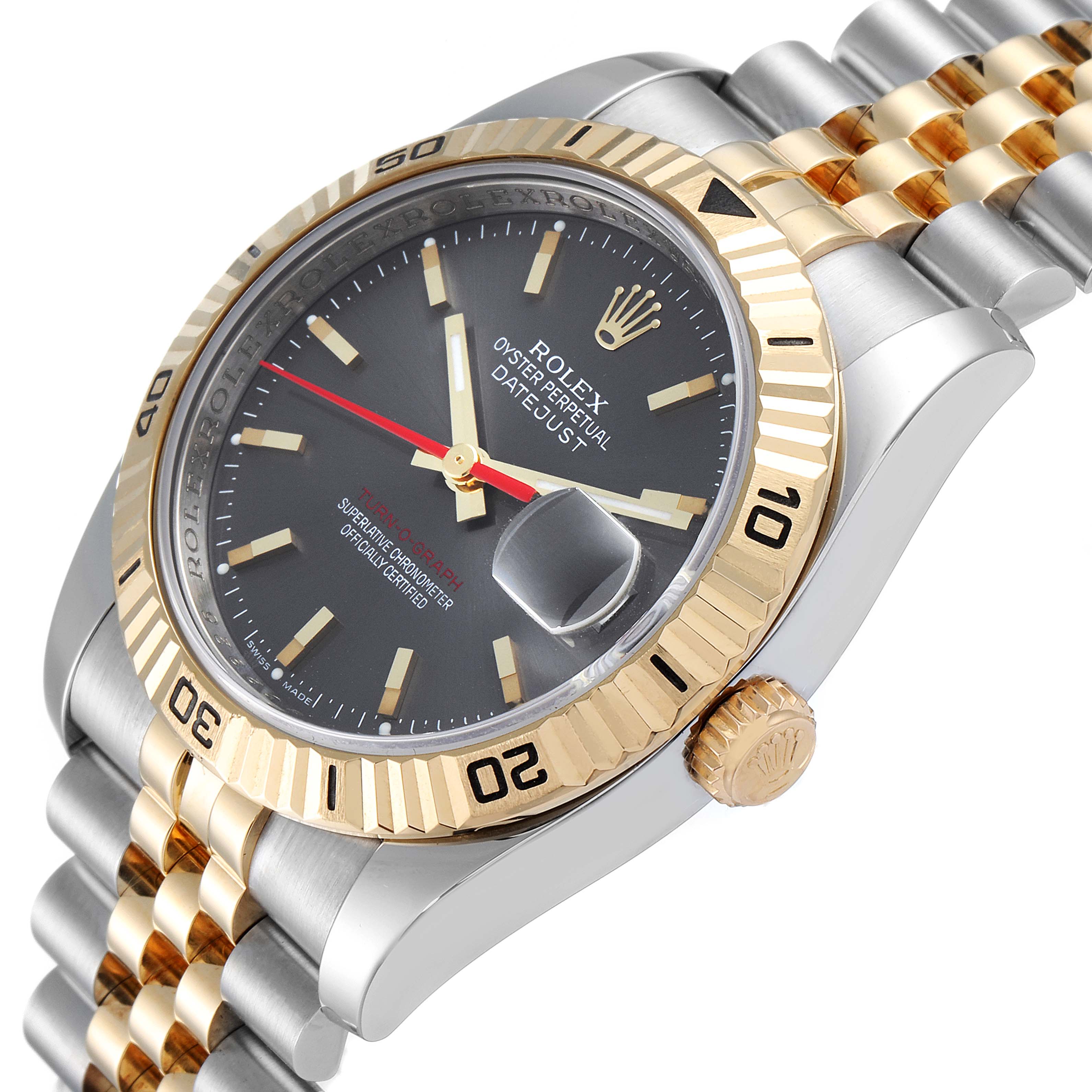 The image shows a detailed close-up of the Rolex Turn-o-Graph 116263 Men's Steel and Gold (two tone) Grey Dial 116263 Men's Steel and Gold (two tone) Grey Dial watch, highlighting its face, bezel, crown, and bracelet.
