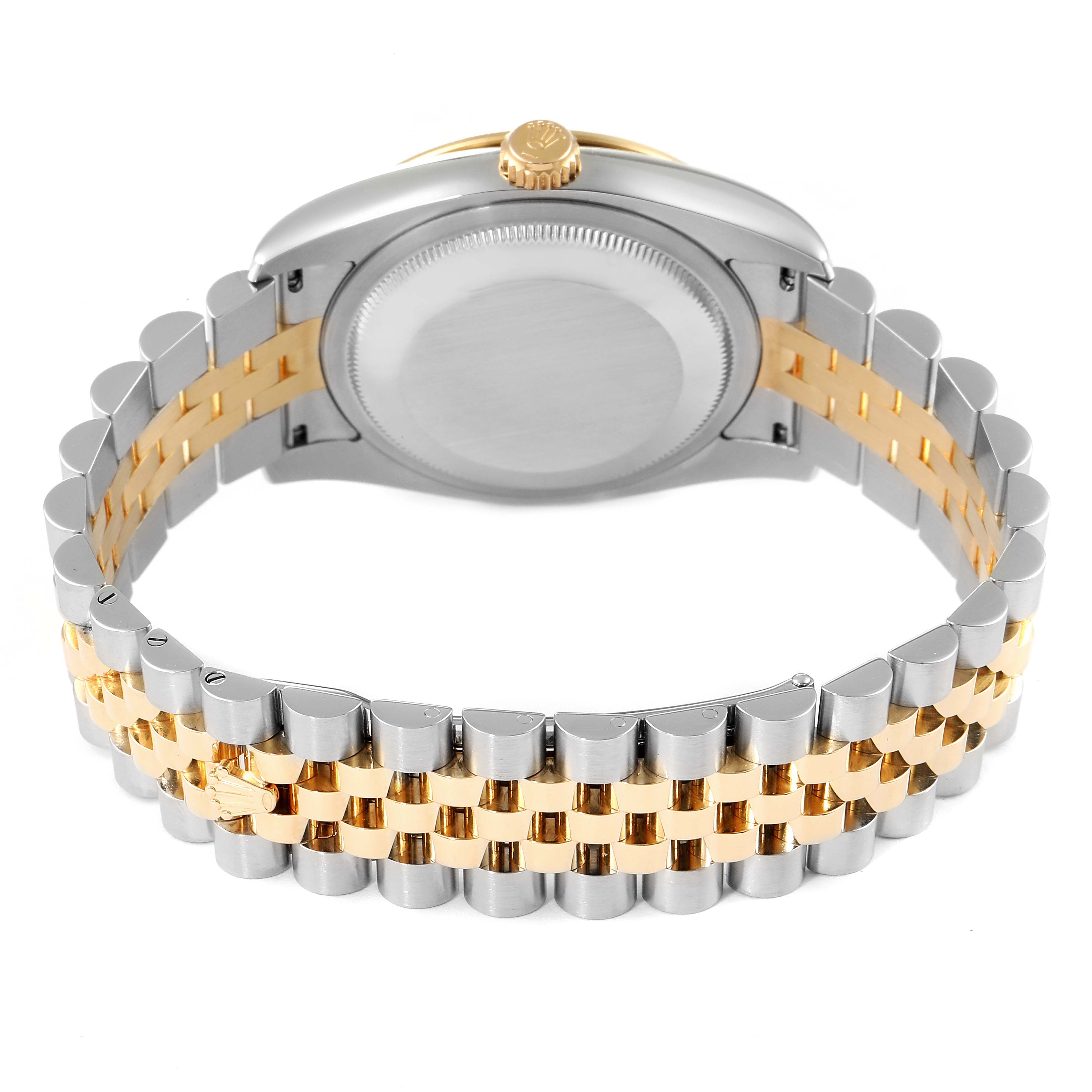 The image shows the back view of a Rolex Turn-o-Graph 116263 Men's Steel and Gold (two tone) Grey Dial 116263 Men's Steel and Gold (two tone) Grey Dial watch, highlighting the case back, crown, and two-tone bracelet.