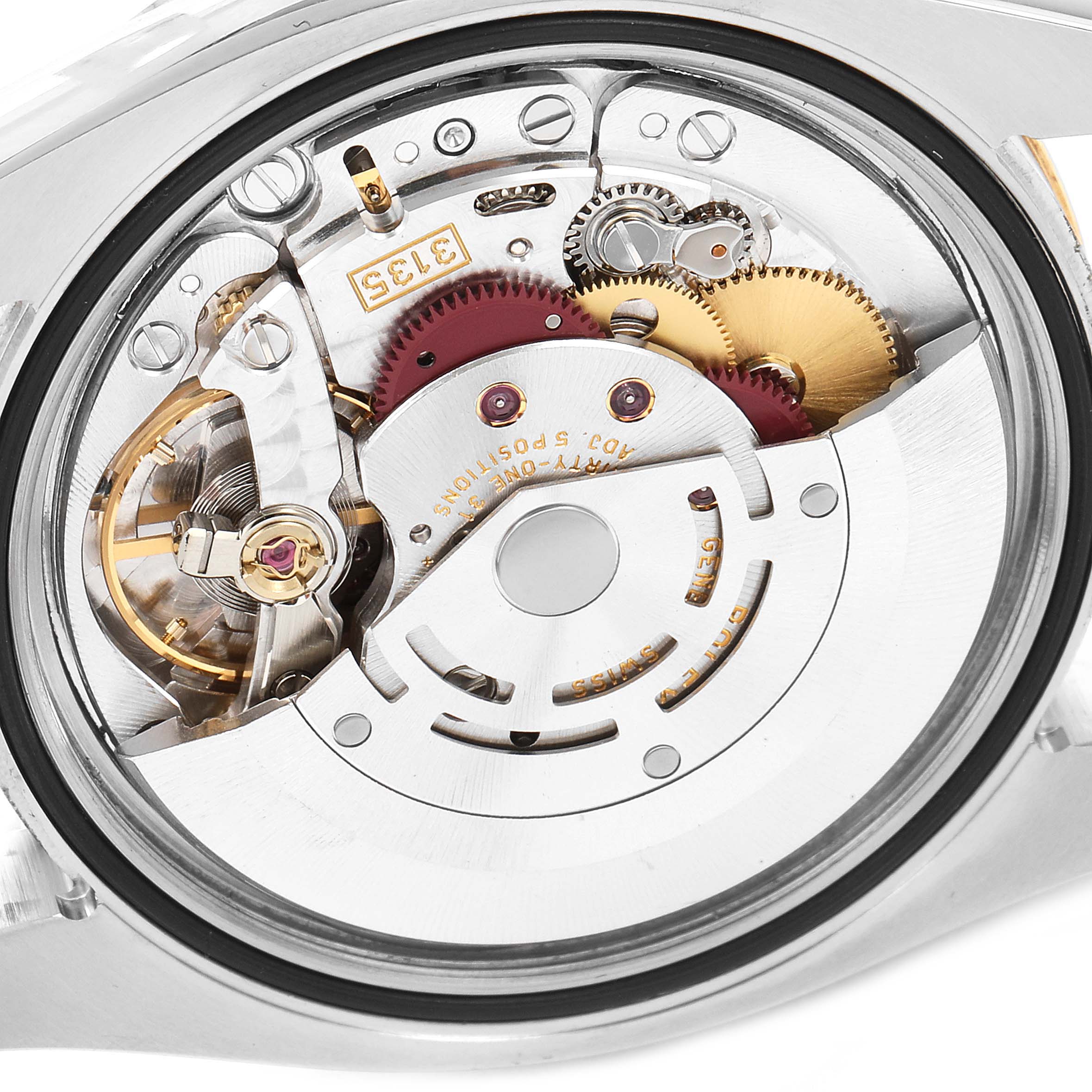 This image shows a close-up view of the movement and internal components of a Rolex Turn-o-Graph 116263 Men's Steel and Gold (two tone) Grey Dial 116263 Men's Steel and Gold (two tone) Grey Dial watch model.