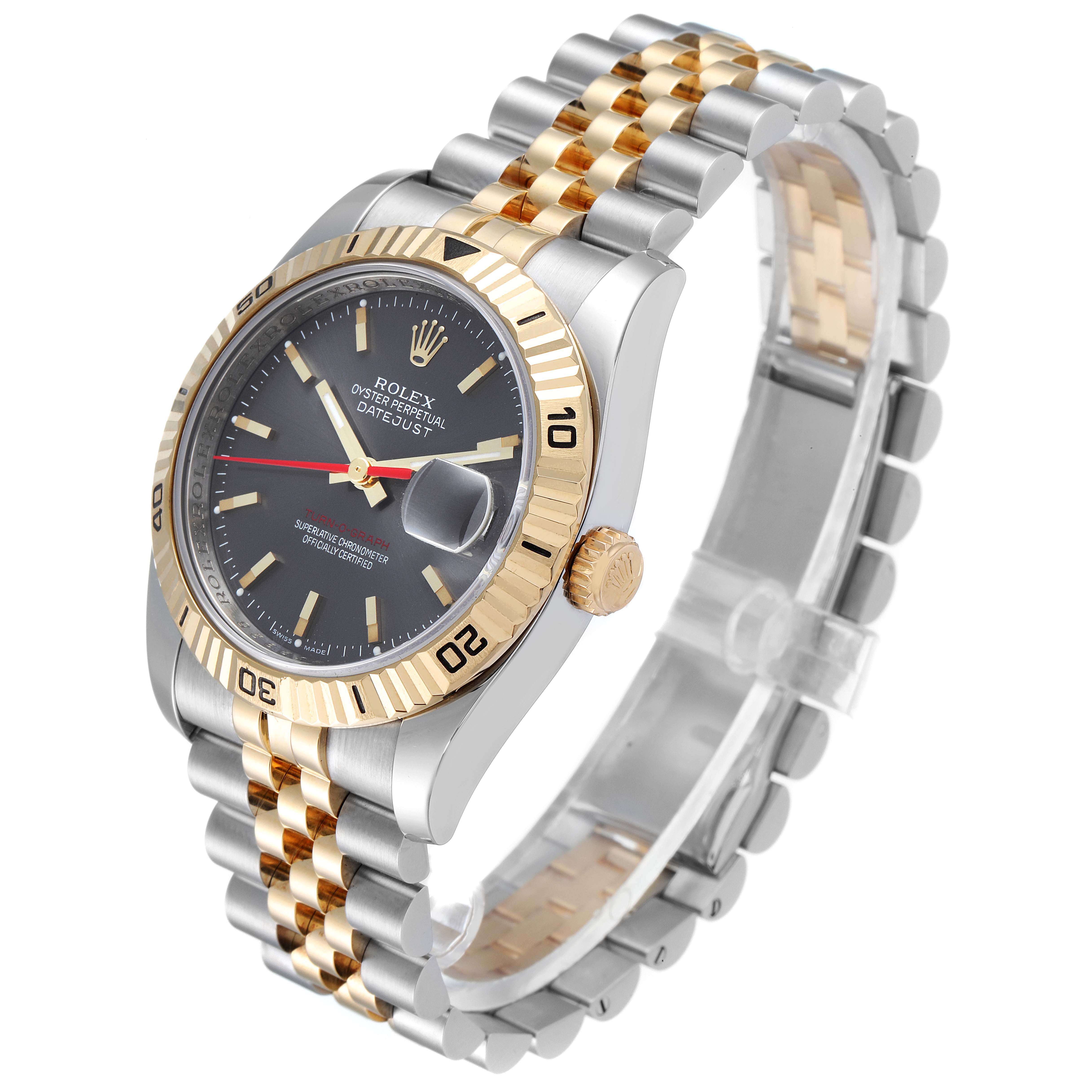 This Rolex Turn-o-Graph 116263 Men's Steel and Gold (two tone) Grey Dial 116263 Men's Steel and Gold (two tone) Grey Dial watch is shown at an angled side view, displaying the face, bezel, and two-tone bracelet.