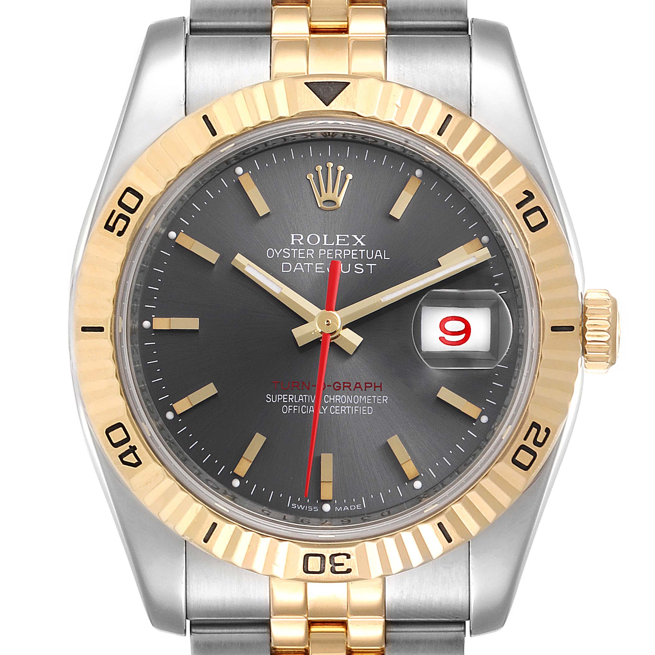 This image shows a front view of the Rolex Turn-o-Graph 116263 Men's Steel and Gold (two tone) Grey Dial 116263 Men's Steel and Gold (two tone) Grey Dial watch, highlighting its two-tone bezel, dial, hands, and bracelet.