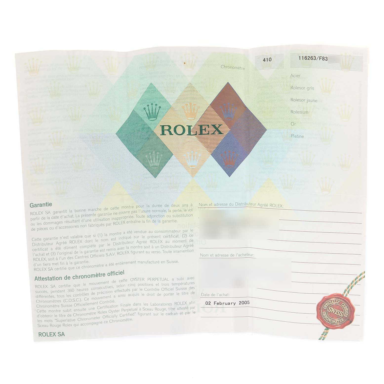 The image shows a warranty certificate for a Rolex Turn-o-Graph 116263 Men's Steel and Gold (two tone) Grey Dial 116263 Men's Steel and Gold (two tone) Grey Dial watch.