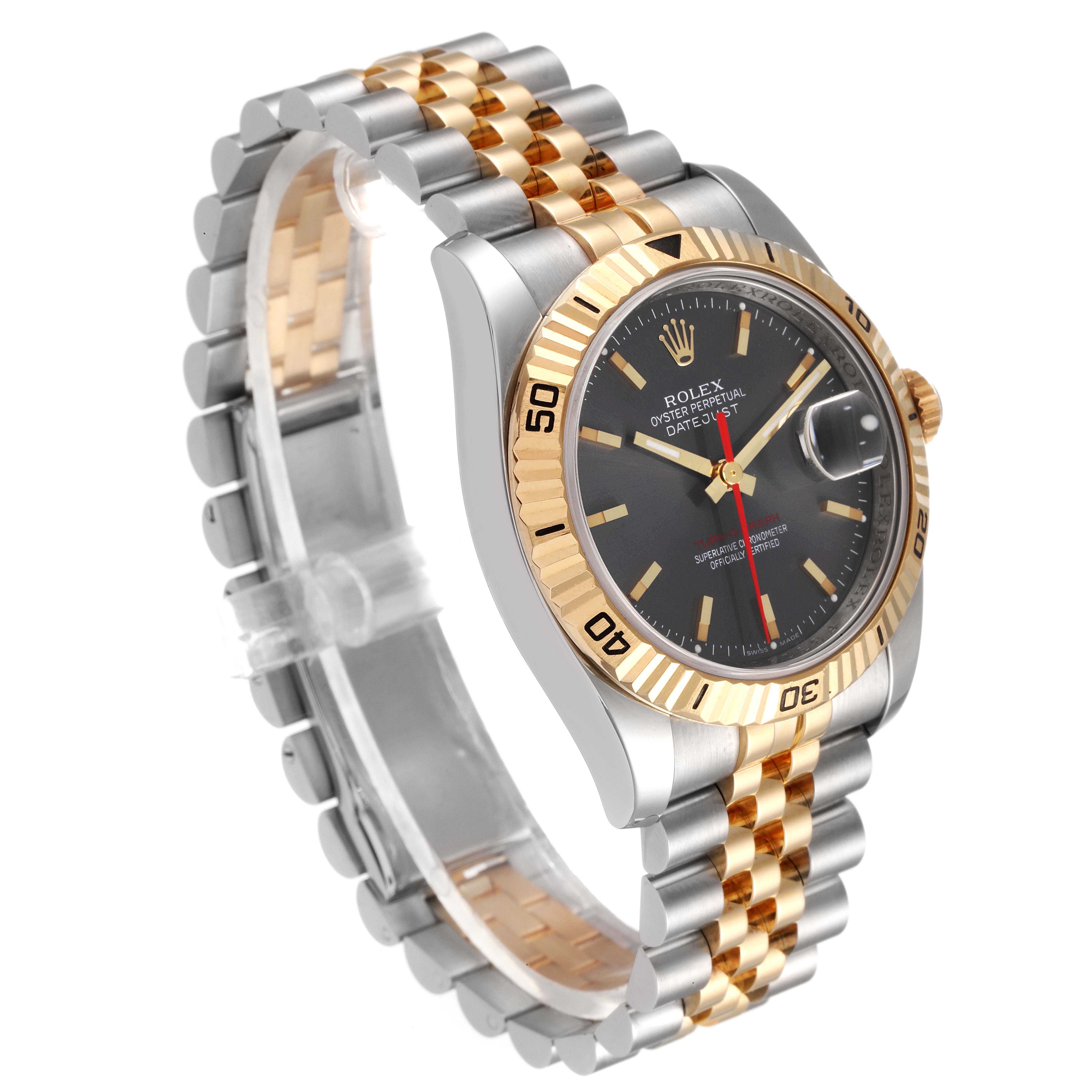 This image shows a Rolex Turn-o-Graph 116263 Men's Steel and Gold (two tone) Grey Dial 116263 Men's Steel and Gold (two tone) Grey Dial watch from a three-quarter angle, highlighting the bezel, dial, and bracelet.