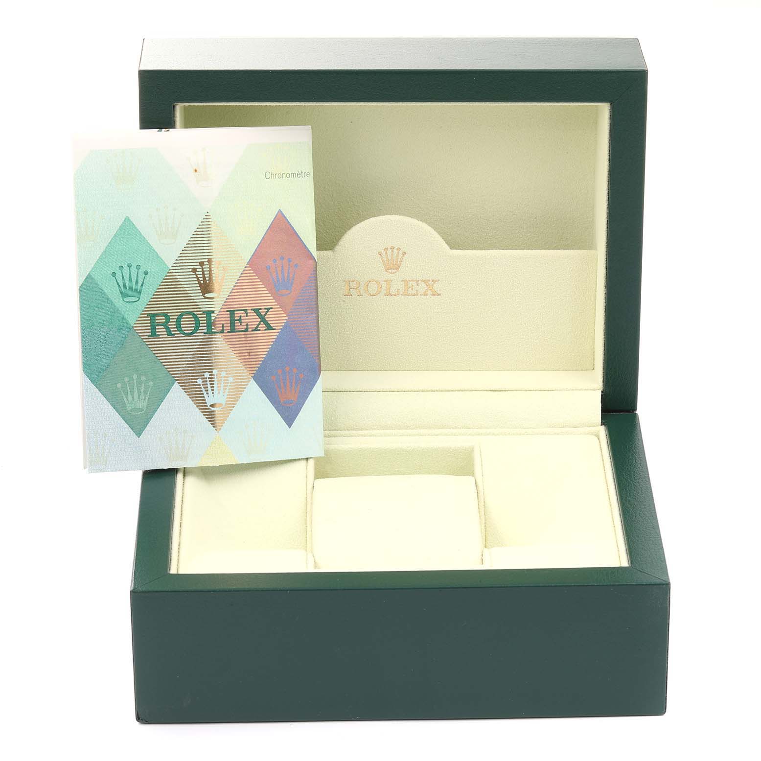 The image shows an open green Rolex box with a booklet beside it, designed for the Turn-o-Graph model.