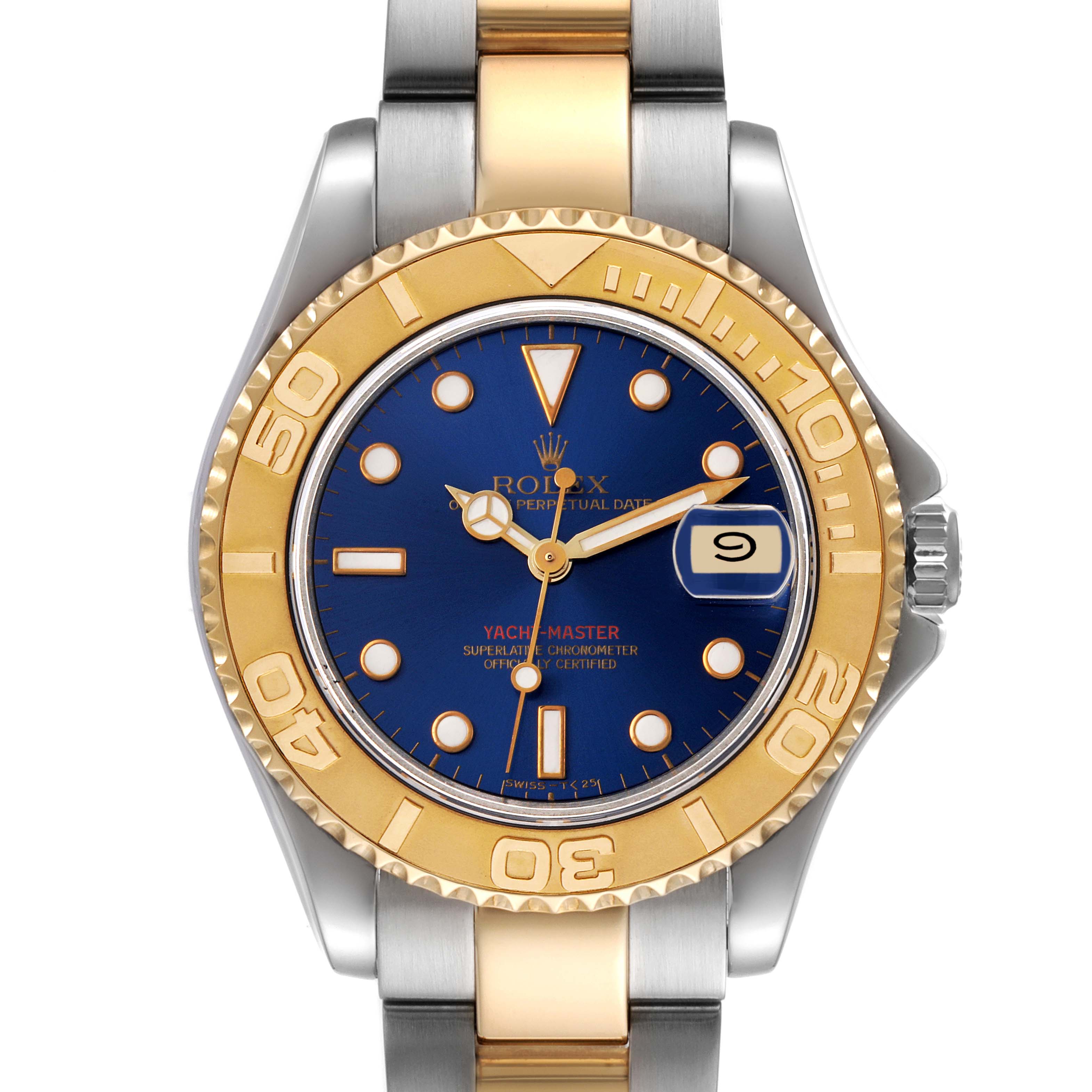 The image shows a front view of Rolex Yacht-Master 68623 Men
s Steel and Gold (two tone) Blue Dial 68623 Men
s Steel and Gold (two tone) Blue Dial watch, highlighting the dial, bezel, and part of the bracelet.