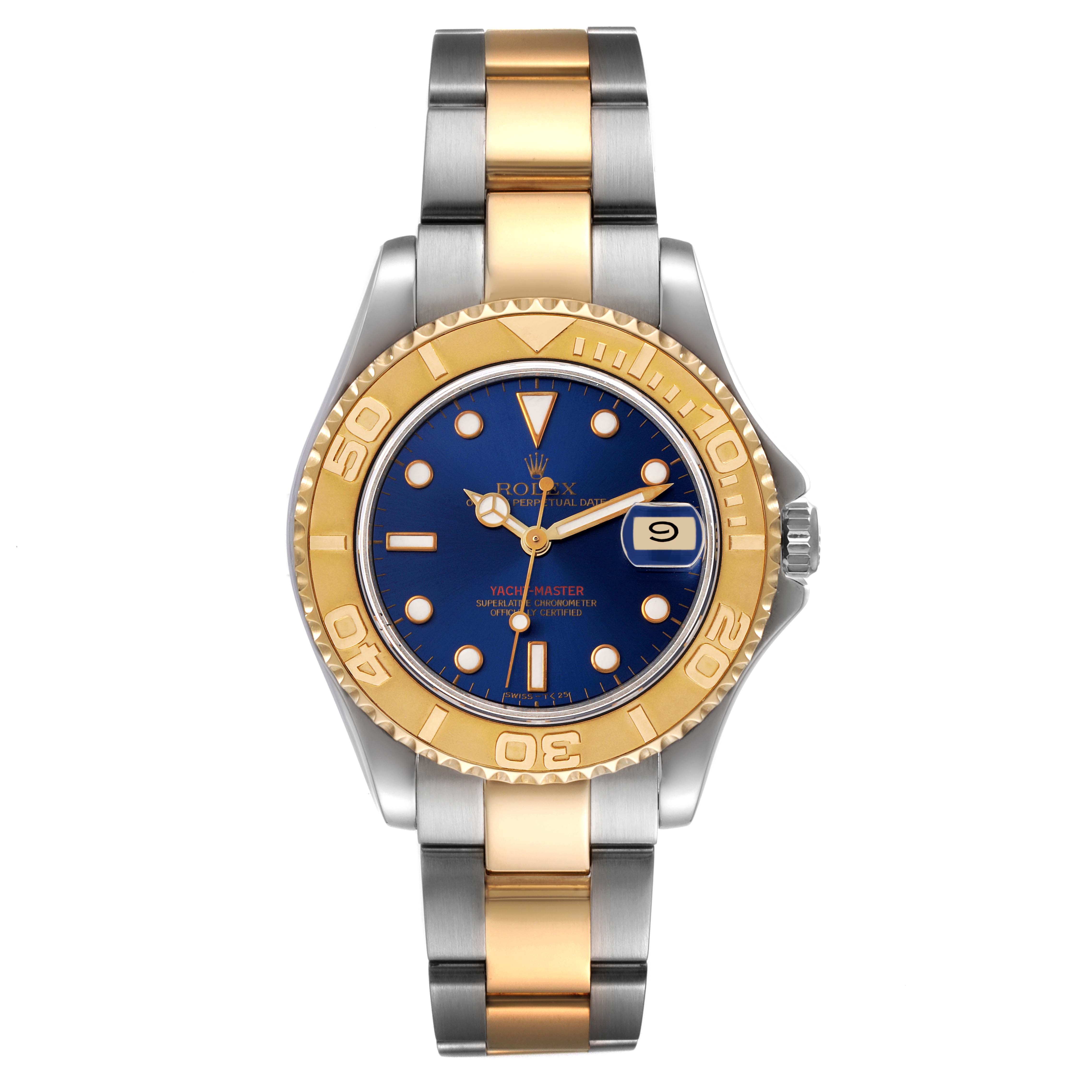 This Rolex Yacht-Master 68623 Men
s Steel and Gold (two tone) Blue Dial 68623 Men
s Steel and Gold (two tone) Blue Dial watch is shown from a top-down angle, displaying its dial, bezel, and bracelet.