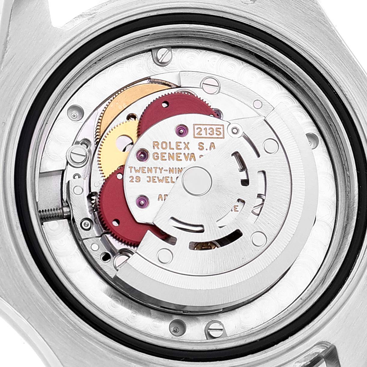 This image shows a close-up view of the movement mechanism inside a Rolex Yacht-Master 68623 Men
s Steel and Gold (two tone) Blue Dial 68623 Men
s Steel and Gold (two tone) Blue Dial watch.