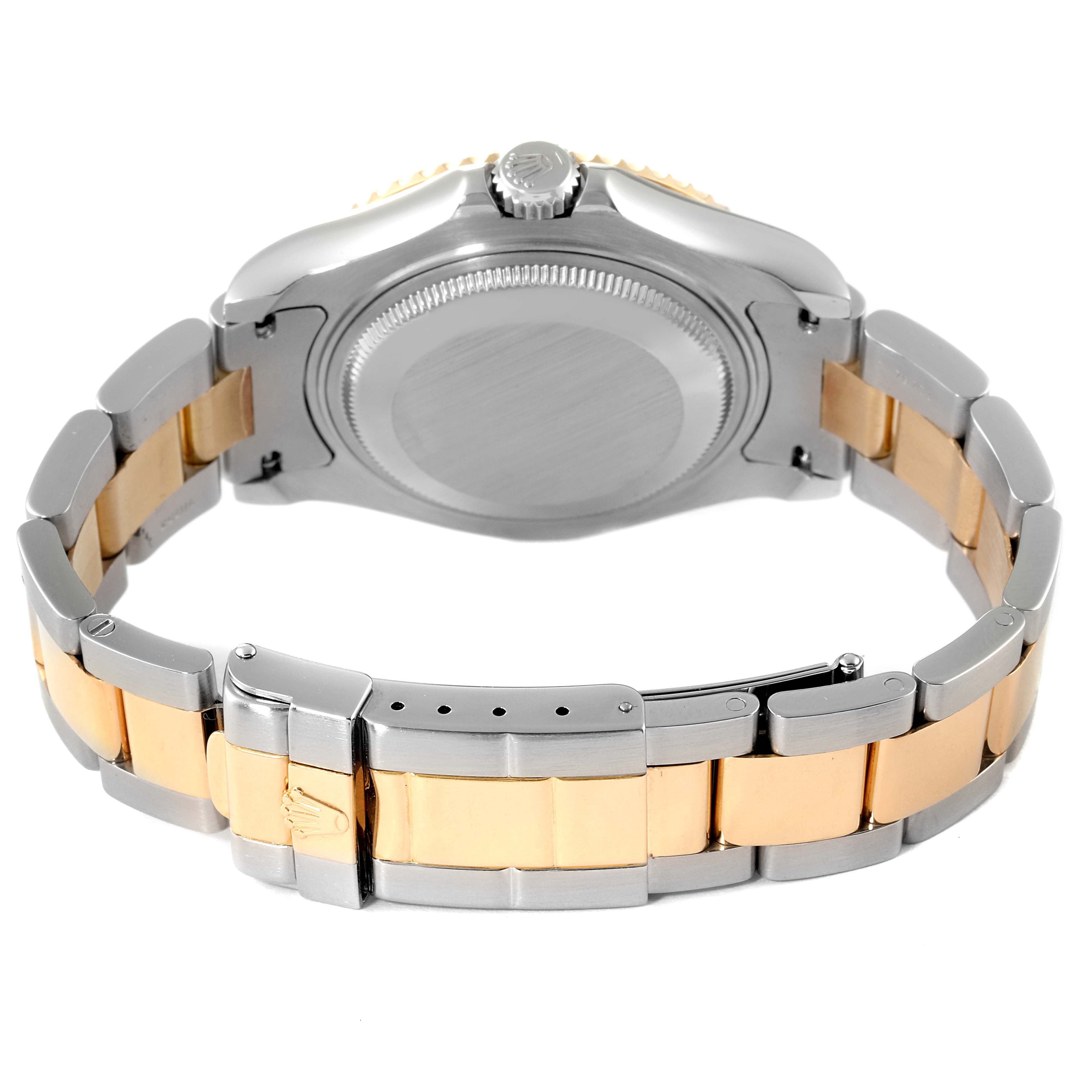 The image shows the back view of a Rolex Yacht-Master 68623 Men
s Steel and Gold (two tone) Blue Dial 68623 Men
s Steel and Gold (two tone) Blue Dial watch, highlighting the clasp, bracelet, and case back.